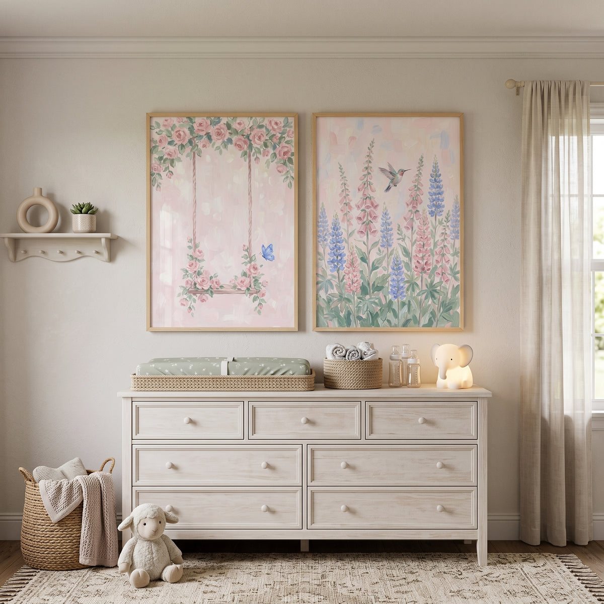 Watercolor Pink Blue Garden Wall Art Set Of 2 - Whimsical Floral Haven