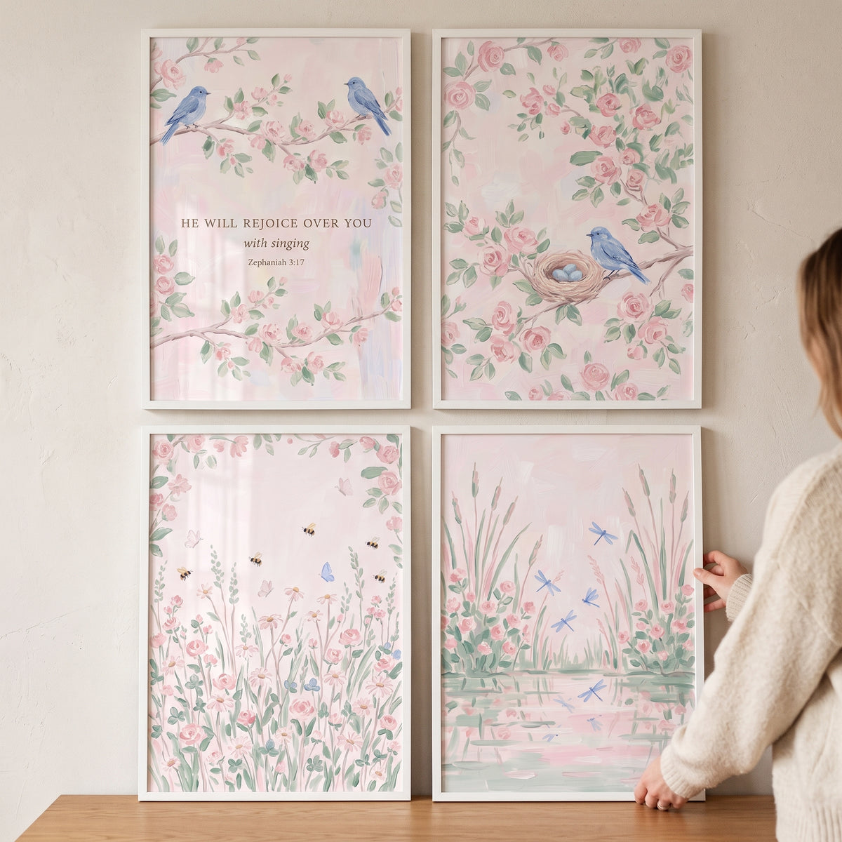 Watercolor Pink Botanical Garden Wall Art Set of 4 - Serene Nature Song