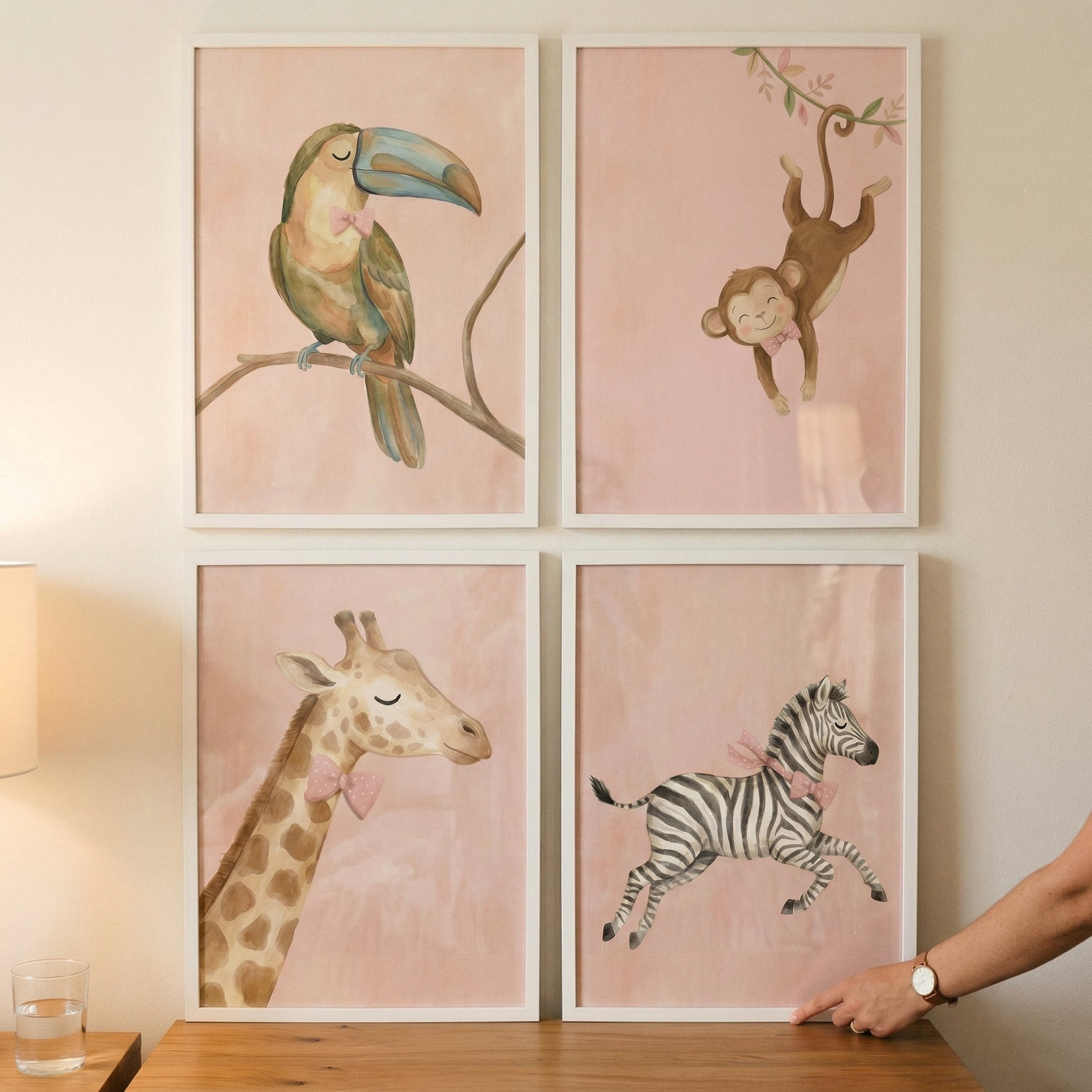 Watercolor Pink Bow Animals Wall Art Set of 4 - Sweet Safari Friends