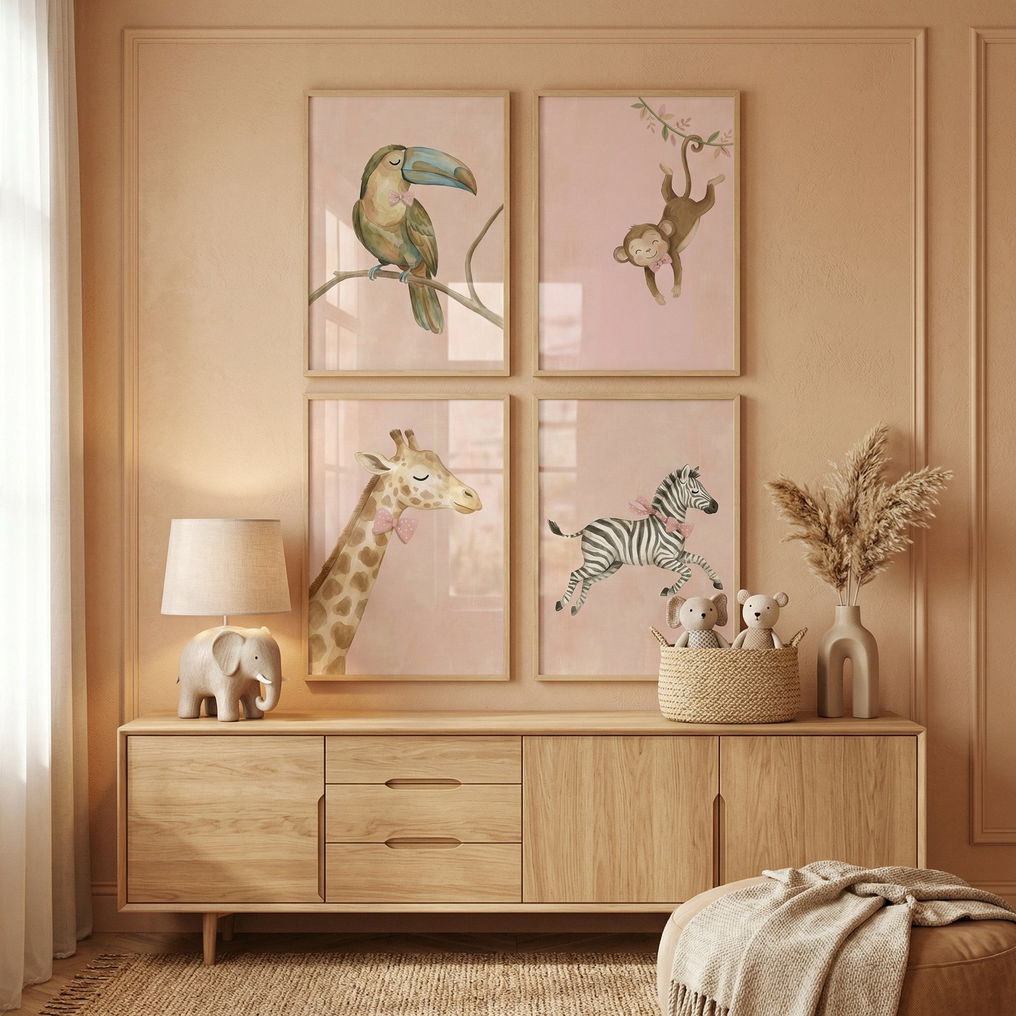 Watercolor Pink Bow Animals Wall Art Set of 4 - Sweet Safari Friends