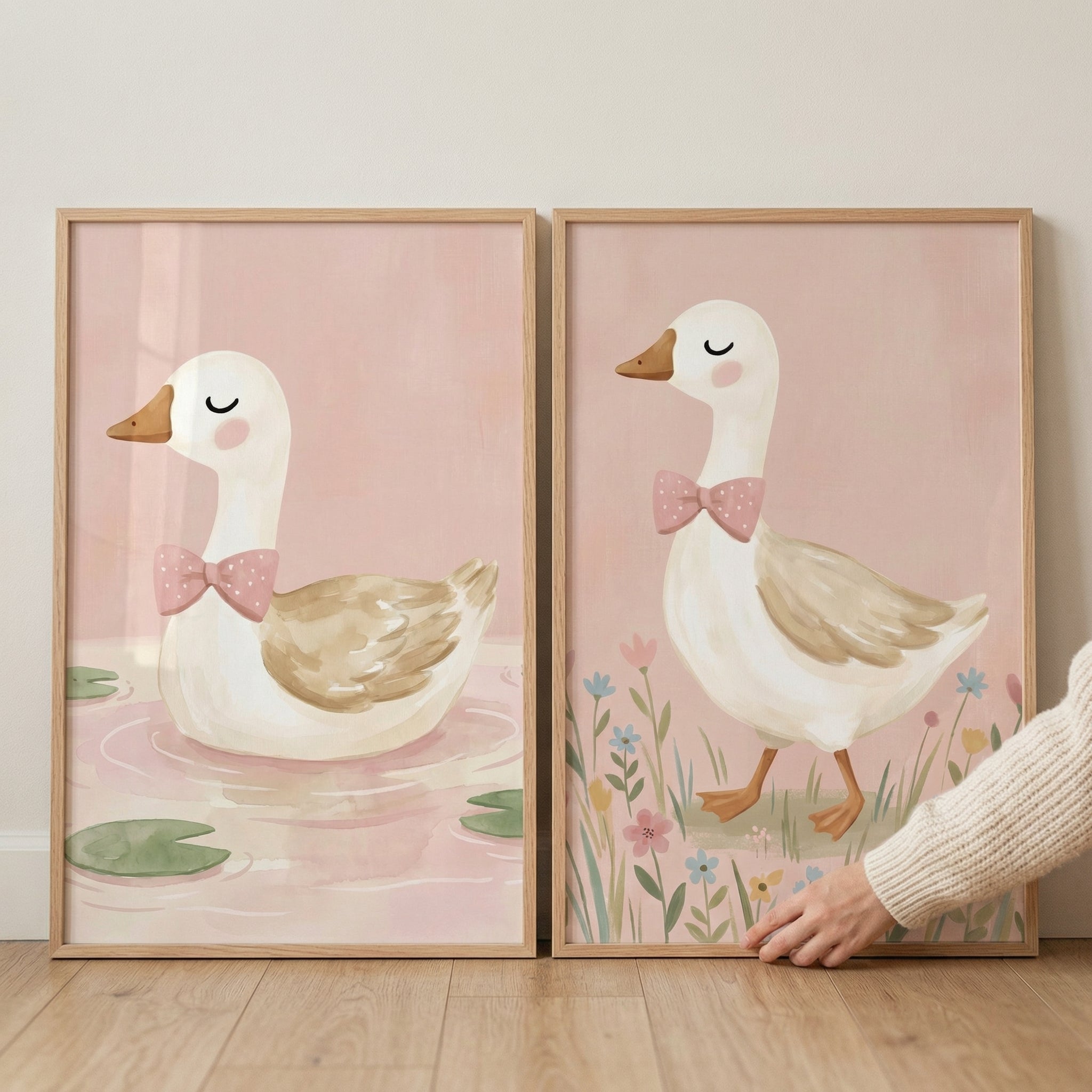 Watercolor Pink Bow Goose Wall Art Set of 2 - Dainty Duck Duo