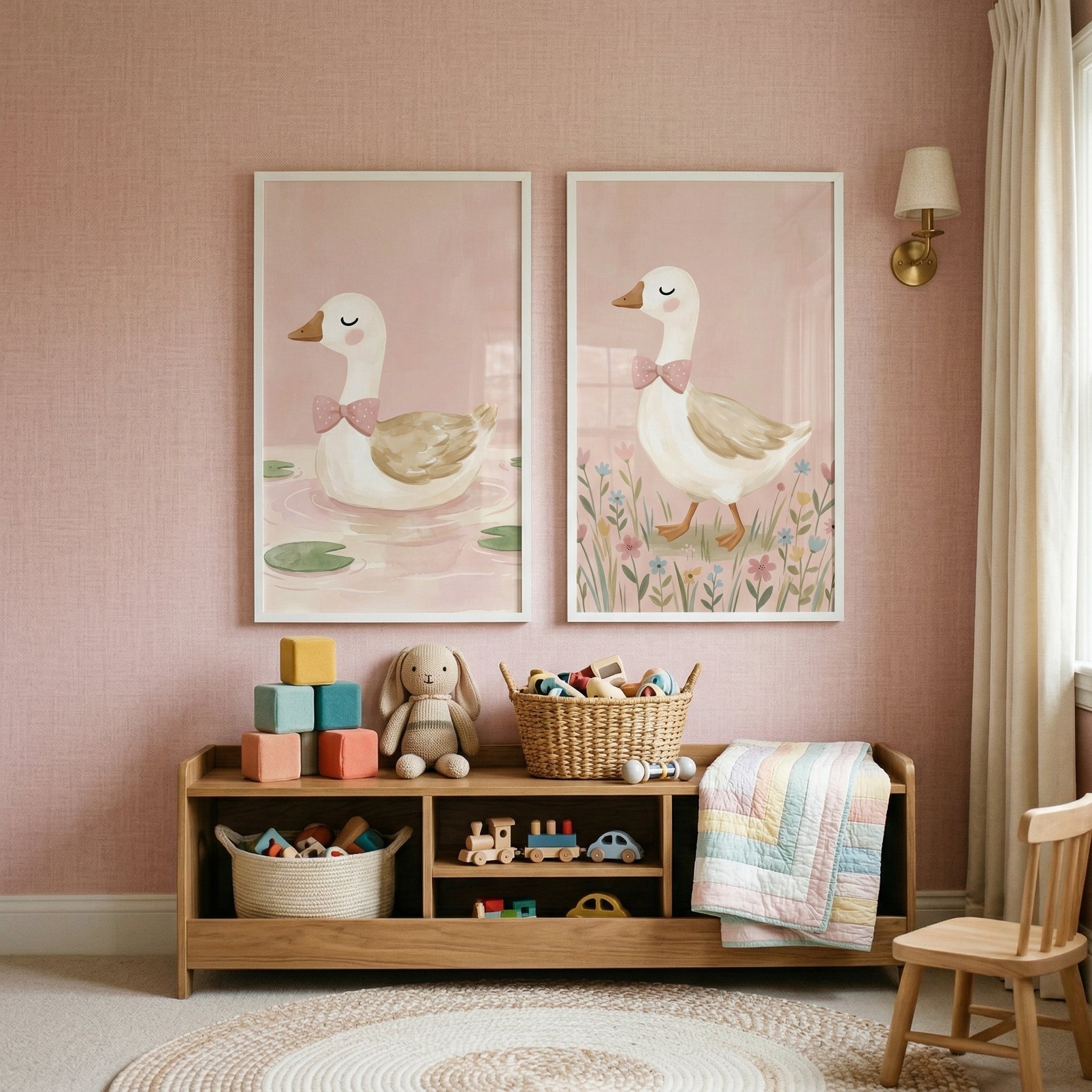 Watercolor Pink Bow Goose Wall Art Set of 2 Nursery Decor