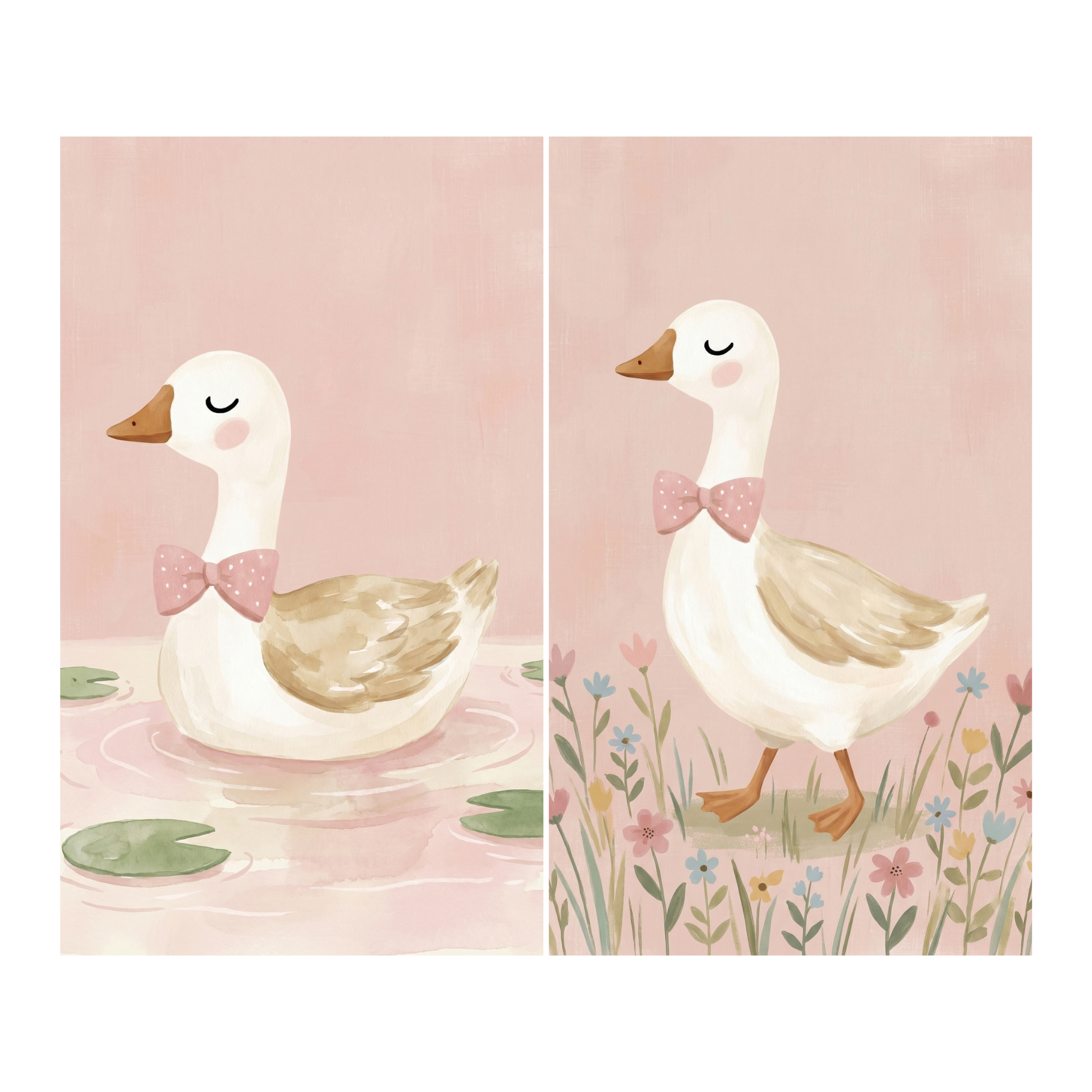Watercolor Pink Bow Goose Wall Art Set of 2 - Dainty Duck Duo