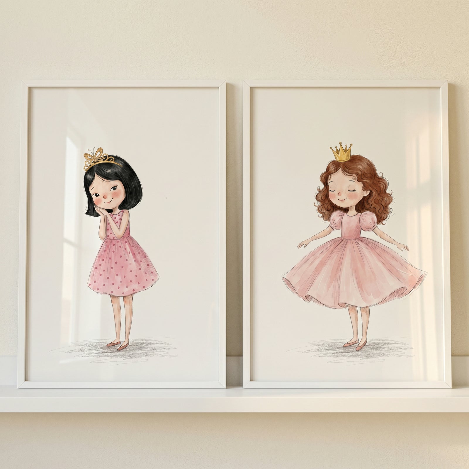 Watercolor pink dress princess wall art set of 2 with two little girls wearing crowns and pink gowns in white frames.