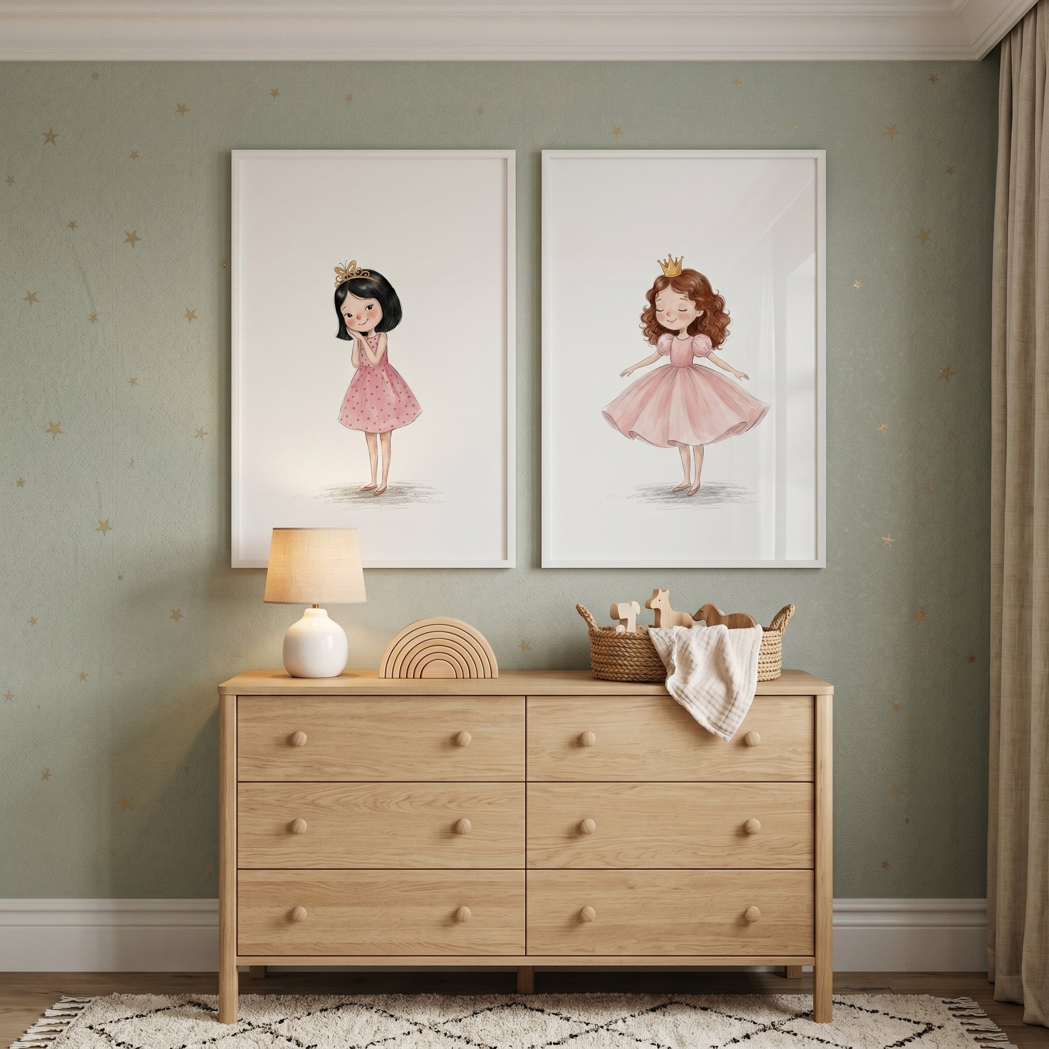 Watercolor Pink Dress Princess Wall Art Set of 2 - Golden Crown Girls