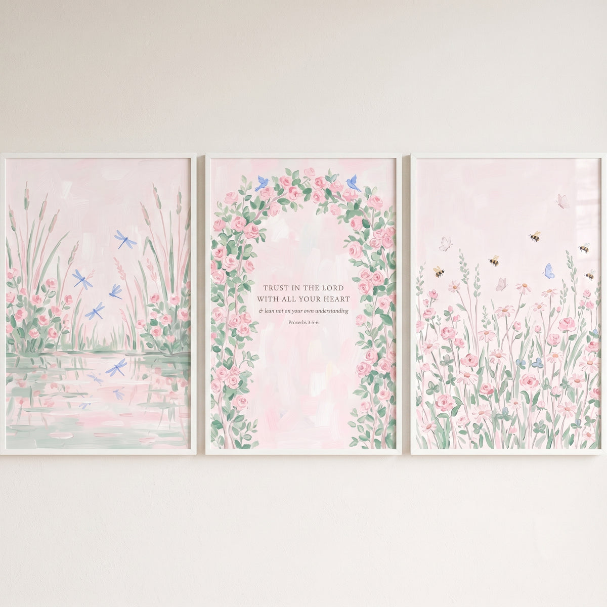 Watercolor Pink Floral Garden Wall Art Set of 3 - Faithful Garden Florals