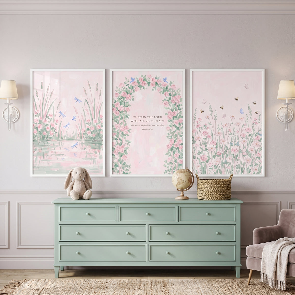 Watercolor Pink Floral Garden Wall Art Set of 3 - Faithful Garden Florals