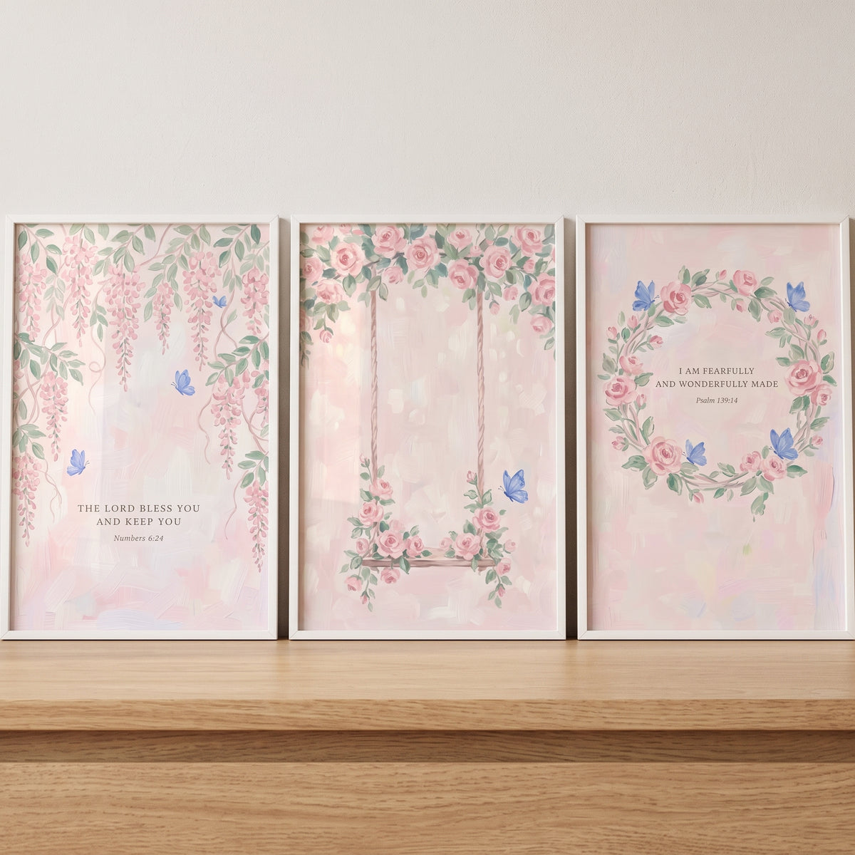 Watercolor Pink Floral Scripture Wall Art Set of 3 - Blessed Rose Garden