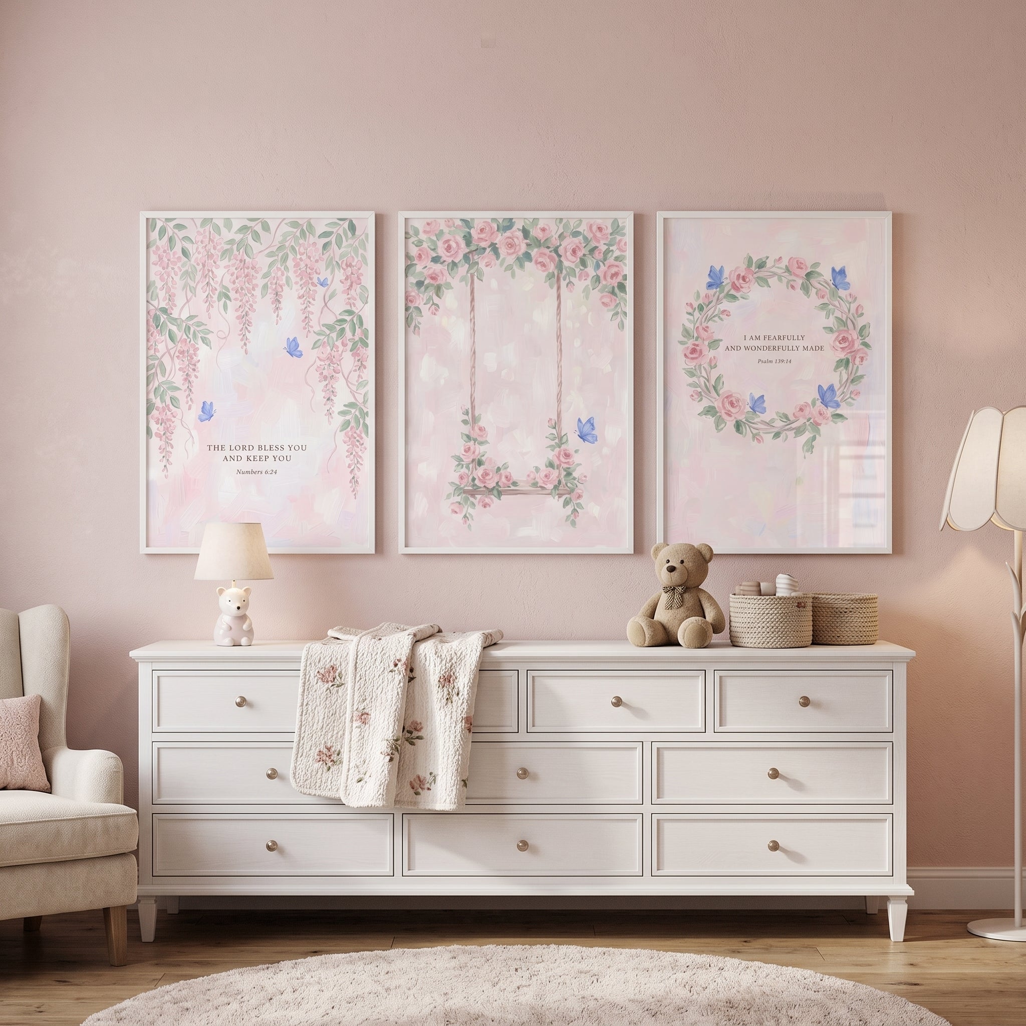 Watercolor Pink Floral Scripture Wall Art Set of 3 - Blessed Rose Garden