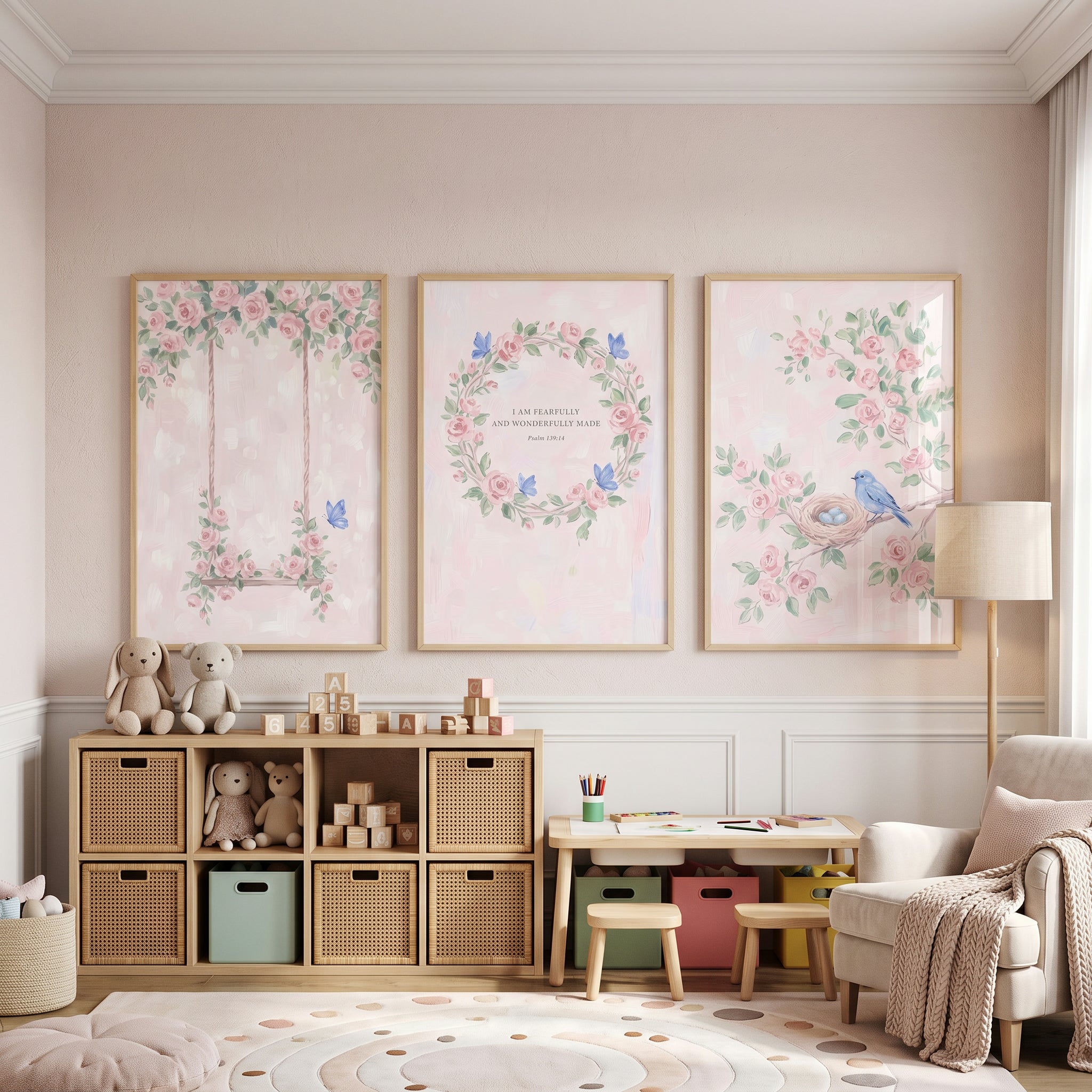 Watercolor Pink Rose Flower Wall Art Set of 3 - Blush Rose Harmony