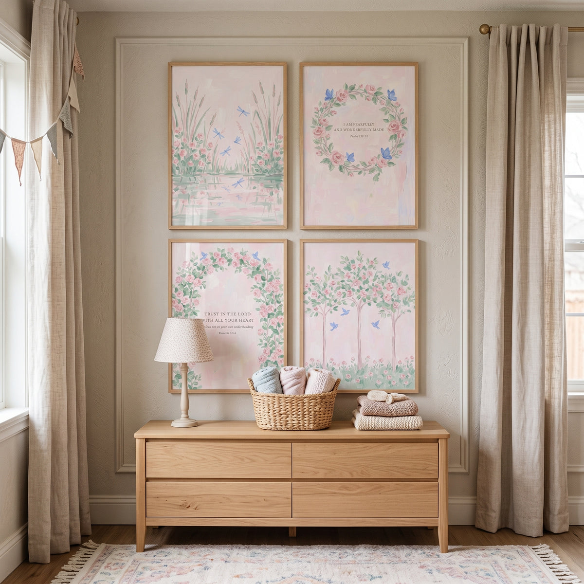 Watercolor Pink Rose Garden Wall Art Set of 4 - Pastel Promise Florals