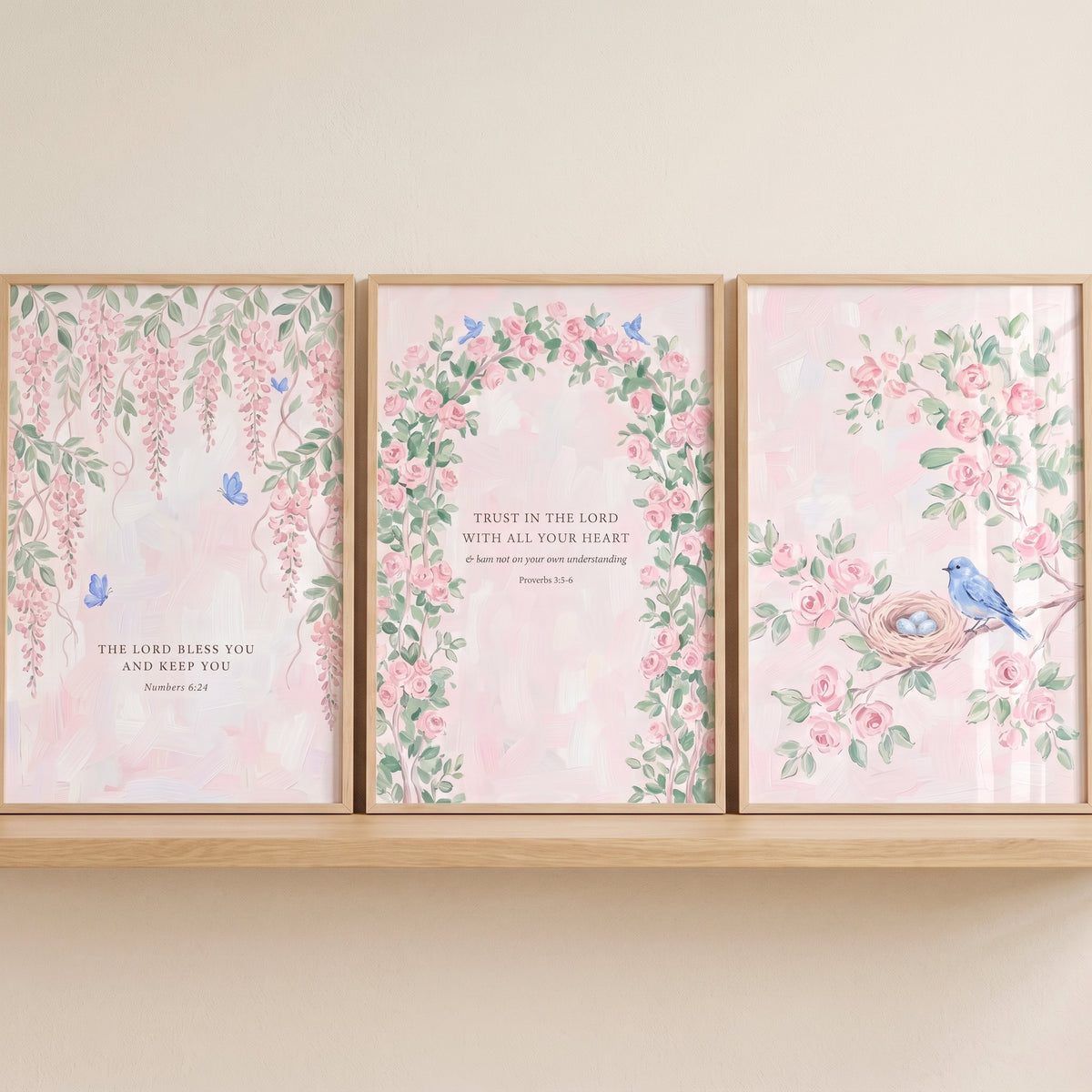 Watercolor Pink Rose Scripture Wall Art Set of 3 - Blessed Garden Verses
