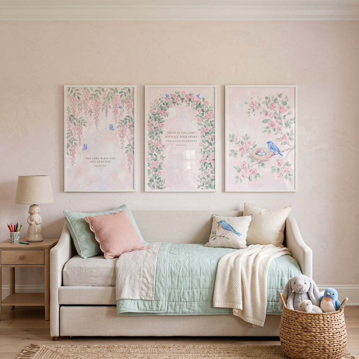 Watercolor Pink Rose Scripture Wall Art Set of 3 - Blessed Garden Verses