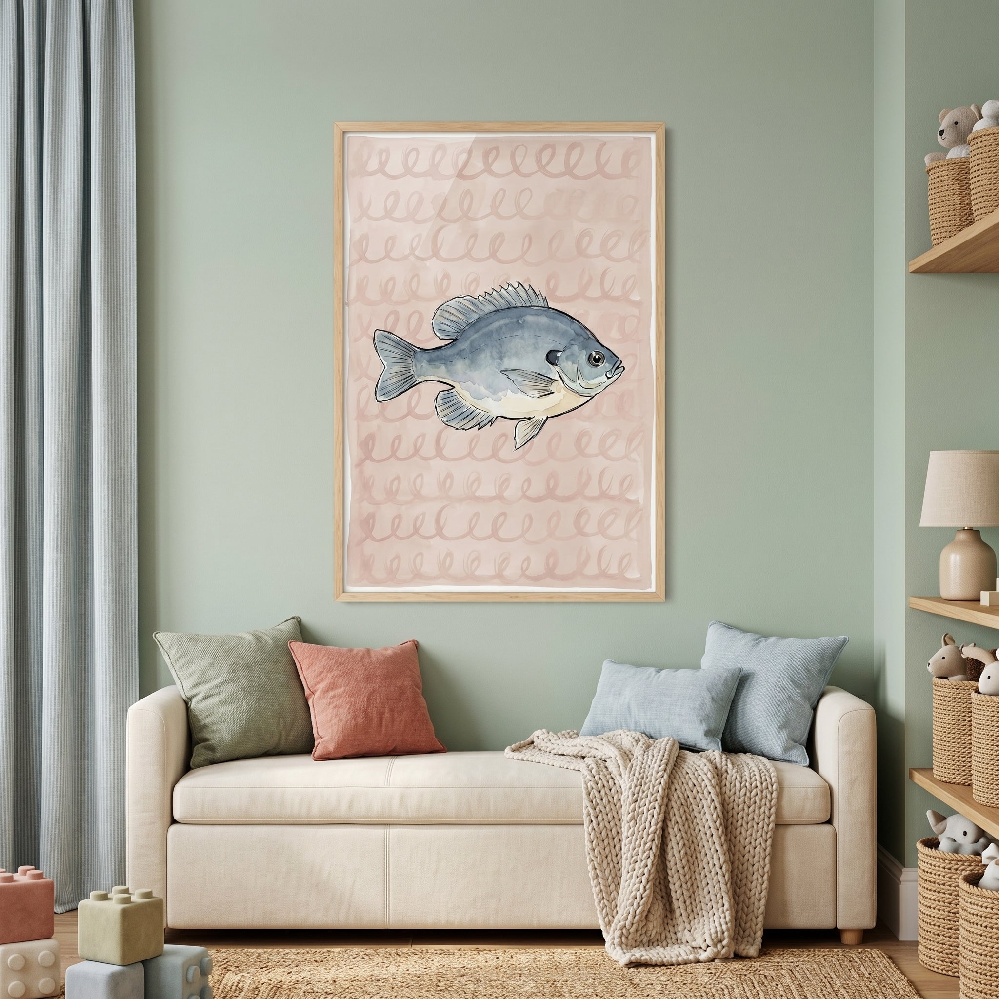 Watercolor Pink Spiral Bluegill Fish Wall Art - Azure Sunfish Sketch