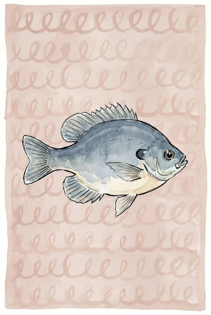 Watercolor pink spiral bluegill fish wall art with a blue and grey fish on a pink background with looped line patterns.