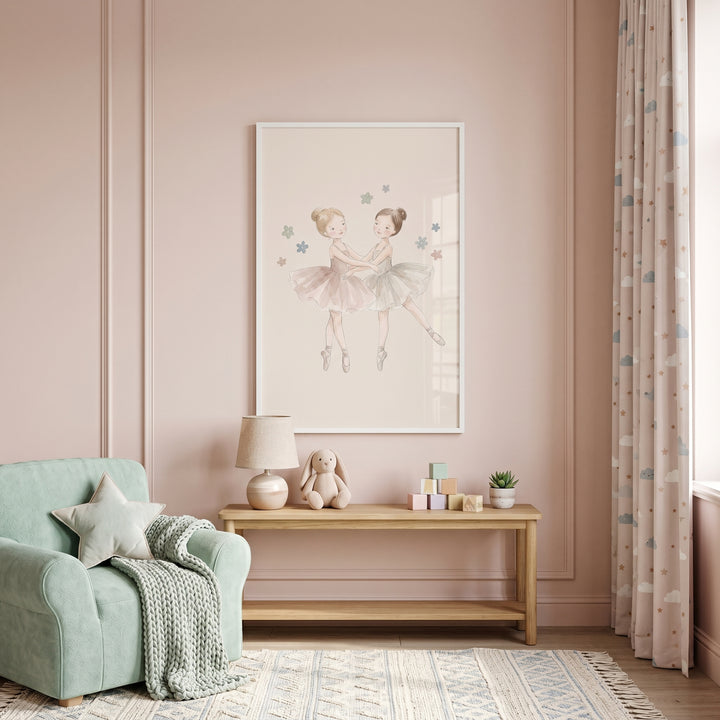 Watercolor pink tutu ballerina wall art hangs above a wooden bench in a nursery with a mint armchair and star pillow.