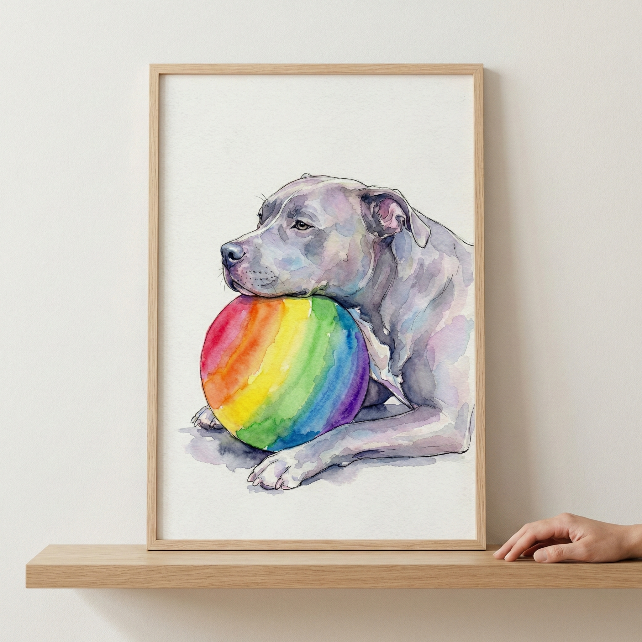 A watercolor illustration of a grey, muscular dog resting its head on a large rainbow-striped ball. The dog has short fur and a gentle expression. The artwork is presented in a light wood frame, which sits on a wooden shelf against a plain wall. A person's hand rests on the shelf to the right of the frame.