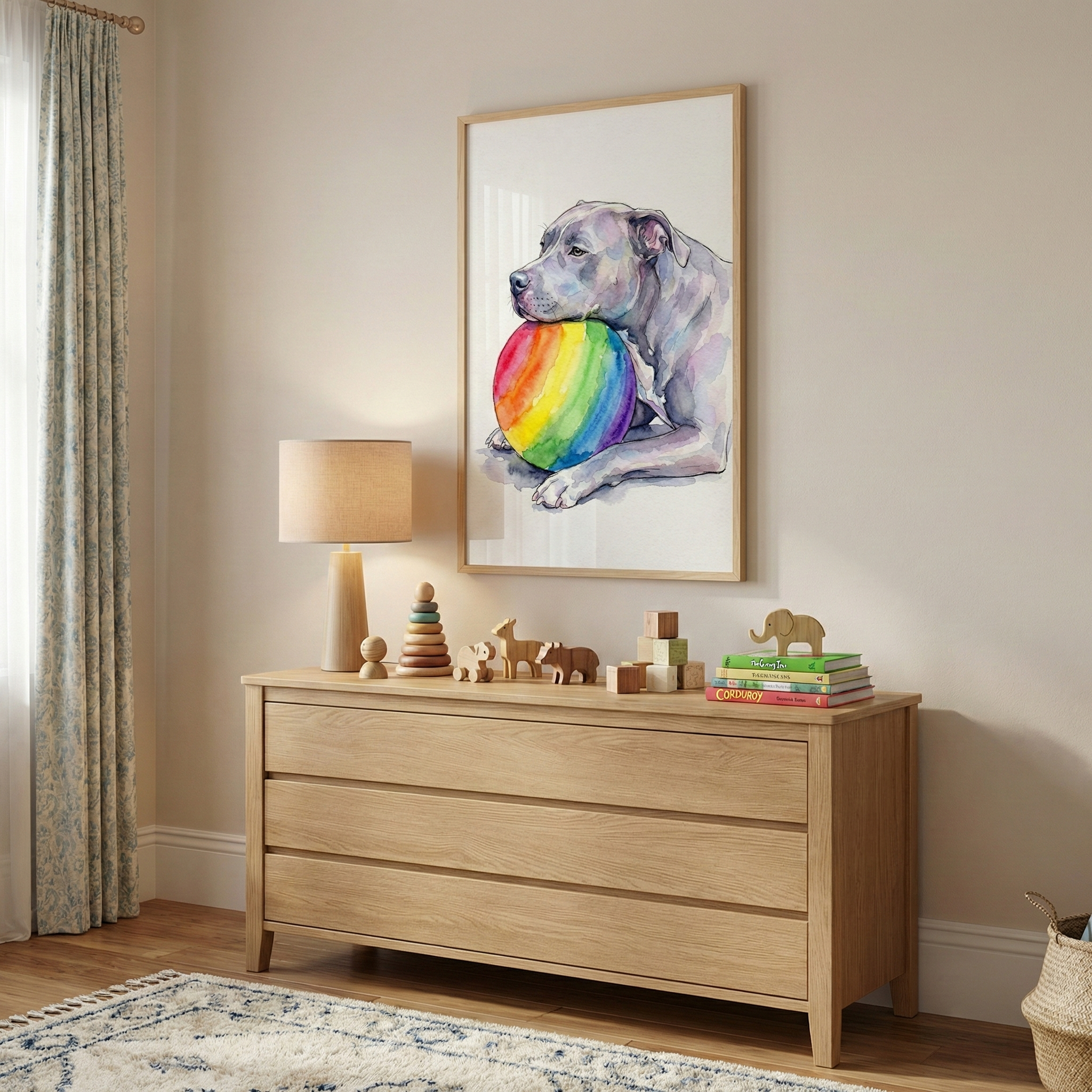 Framed watercolor style wall art of a gray dog resting its head on a bright rainbow striped ball, painted with soft blended colors and gentle brushstrokes. The playful portrait hangs above a light wood dresser styled with wooden toys and children’s books, adding a cheerful pop of color to a warm and inviting nursery.