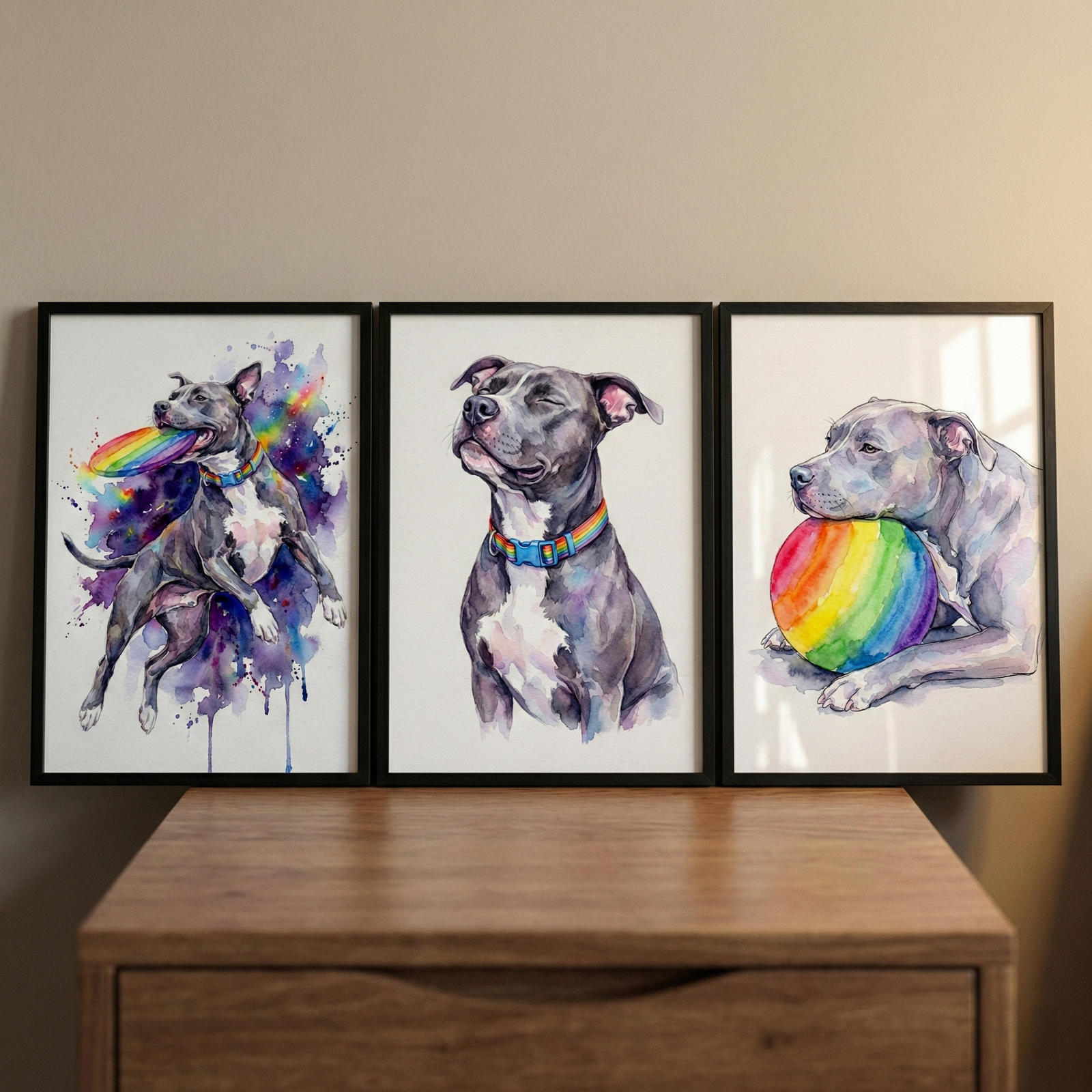 Three framed watercolor-style illustrations of a grey and white dog are displayed atop a wooden dresser. On the left, the dog leaps to catch a rainbow-hued disc against a backdrop of purple and blue splashes. The center frame features a serene portrait of the dog with its eyes closed, wearing a multi-colored collar. The right frame shows the dog resting its head on a large rainbow ball. The set is presented in simple black frames against a plain, light-colored wall.