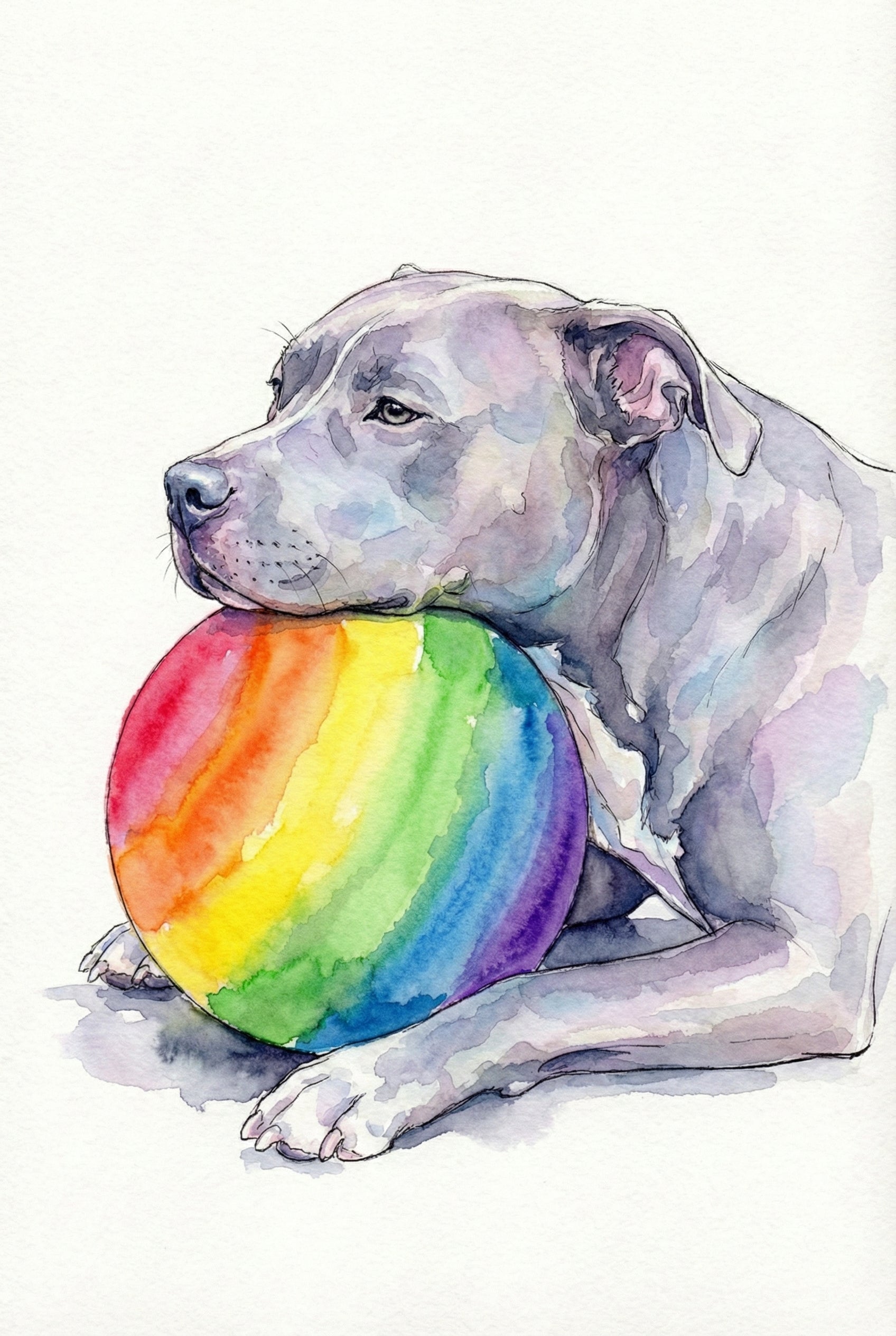 A watercolor illustration of a pit bull-type dog resting its head on a large, round ball. The dog is shown in profile, rendered in soft washes of grey, lavender, and blue tones. Its chin rests atop a vibrant ball featuring vertical rainbow stripes of red, orange, yellow, green, blue, and purple. Fine lines define the dog's facial features and paws. The entire piece is set against a plain white background with light grey shadows beneath the subject.