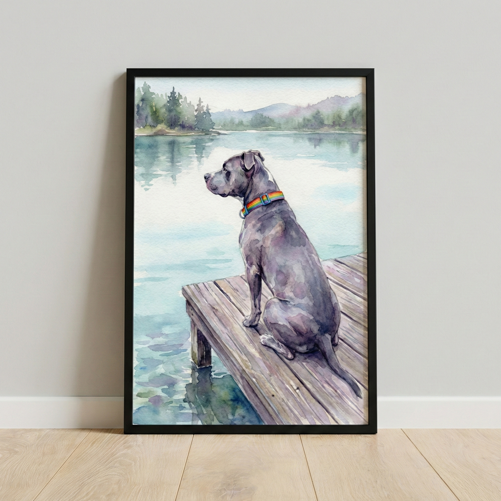 A framed watercolor-style illustration of a grey dog with short fur sitting on a weathered wooden dock. The dog wears a rainbow-colored collar and gazes across a tranquil lake toward a distant, mist-covered pine forest and rolling hills. The artwork is housed in a slim black frame, resting against a neutral-toned wall on a light-colored wooden floor.