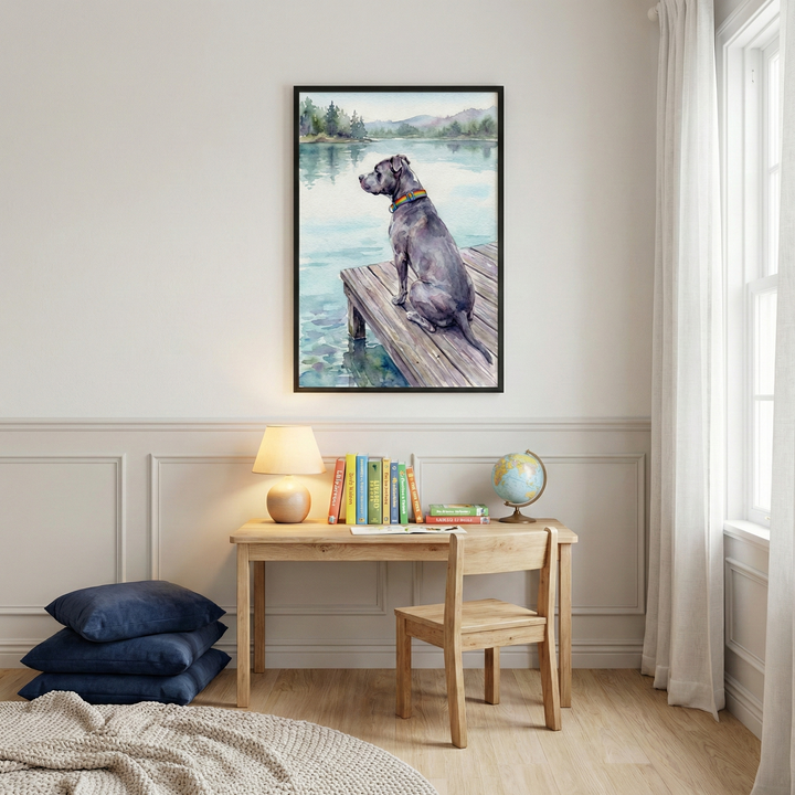 Framed watercolor style wall art of a gray dog wearing a rainbow collar sitting on a wooden dock and gazing out over a calm blue lake with distant trees and soft mountains. The peaceful lakeside scene hangs above a small wooden desk with books and a globe, adding a serene and outdoorsy touch to a cozy child’s room.