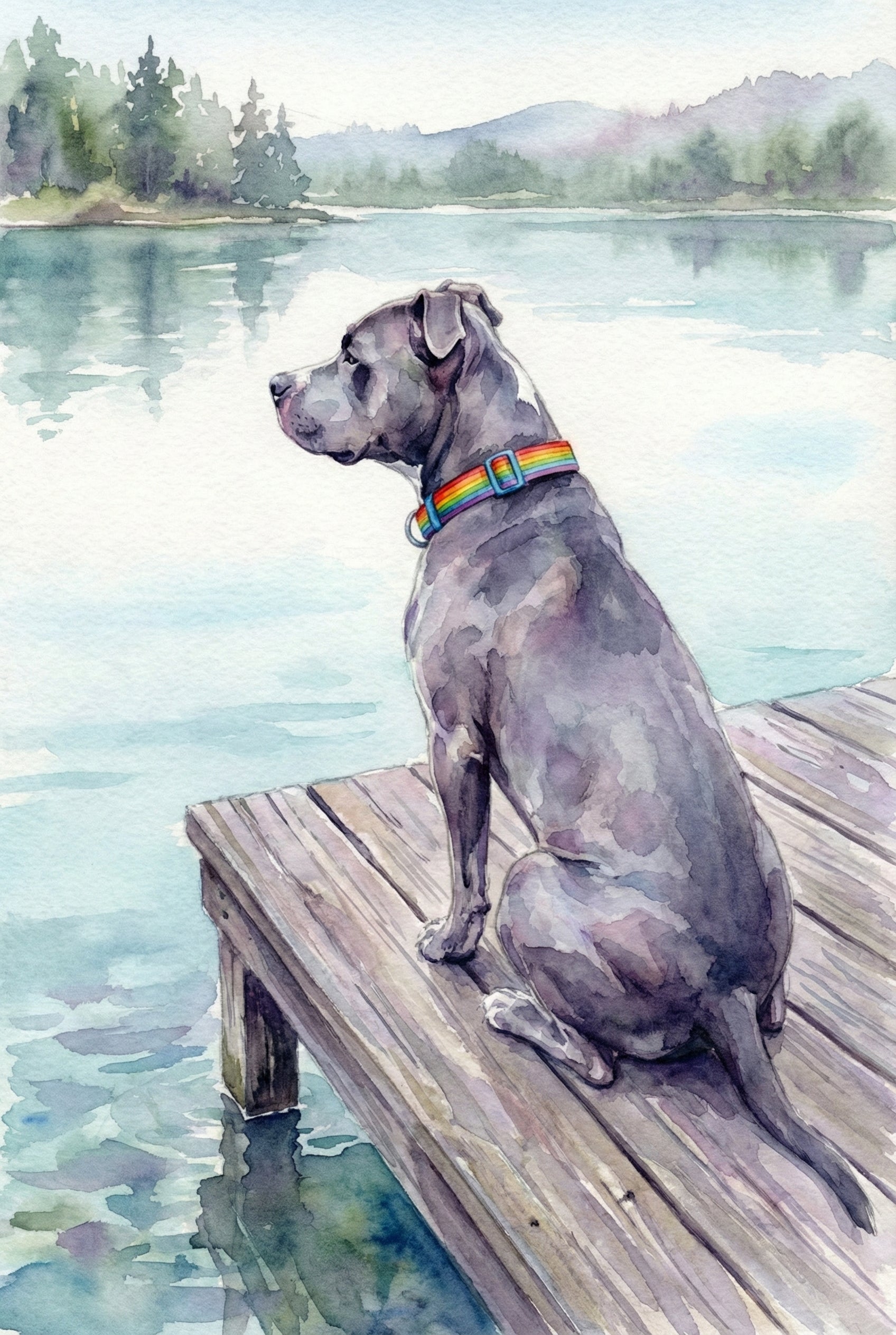 A watercolor illustration of a gray-coated dog sitting on a wooden dock, facing away and looking out over a calm lake. The dog wears a brightly colored rainbow collar. In the background, misty evergreen trees and soft, rolling hills are visible across the water under a light sky. The scene is rendered with delicate washes of blue, green, and purple, capturing a peaceful and contemplative moment by the water's edge.