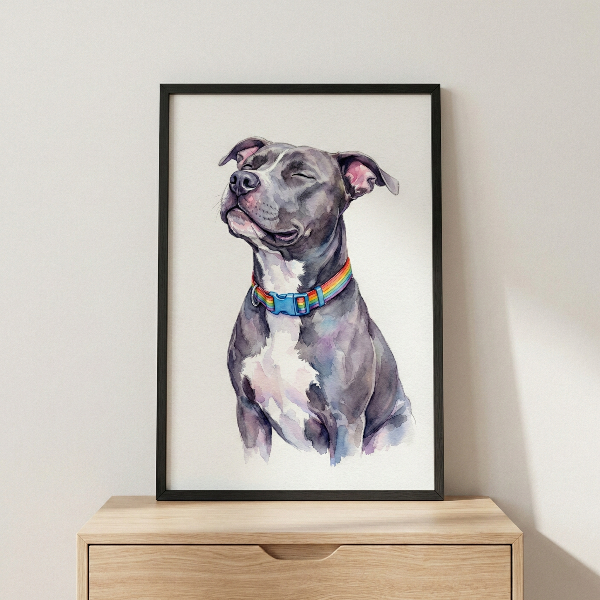 A watercolor-style illustration of a gray and white dog with a happy, content expression and its eyes closed. The dog is wearing a bright rainbow-colored collar. This piece of art is set in a thin black frame and is resting on a light-colored wooden cabinet against a plain, off-white wall.
