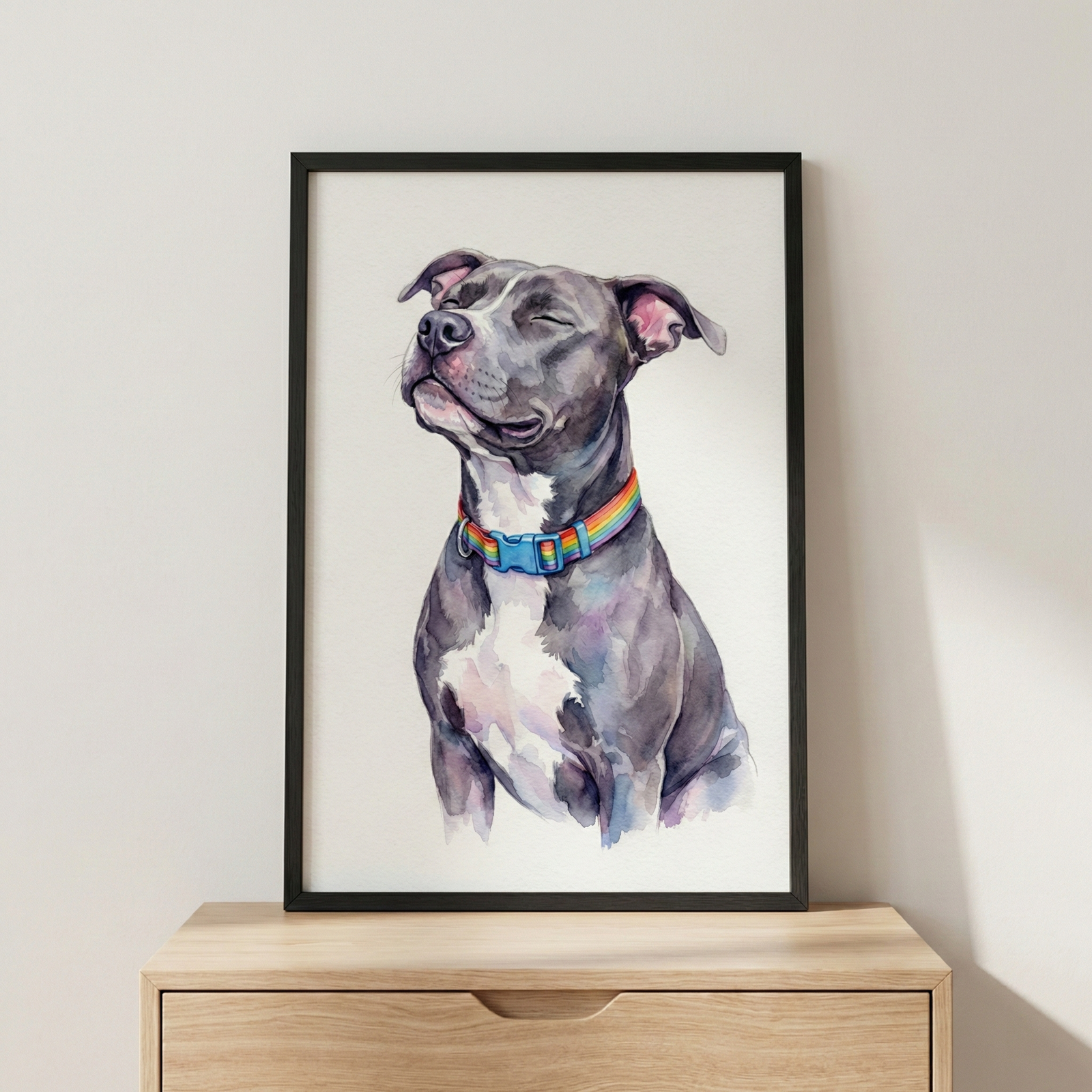 A watercolor-style illustration of a gray and white dog with a happy, content expression and its eyes closed. The dog is wearing a bright rainbow-colored collar. This piece of art is set in a thin black frame and is resting on a light-colored wooden cabinet against a plain, off-white wall.