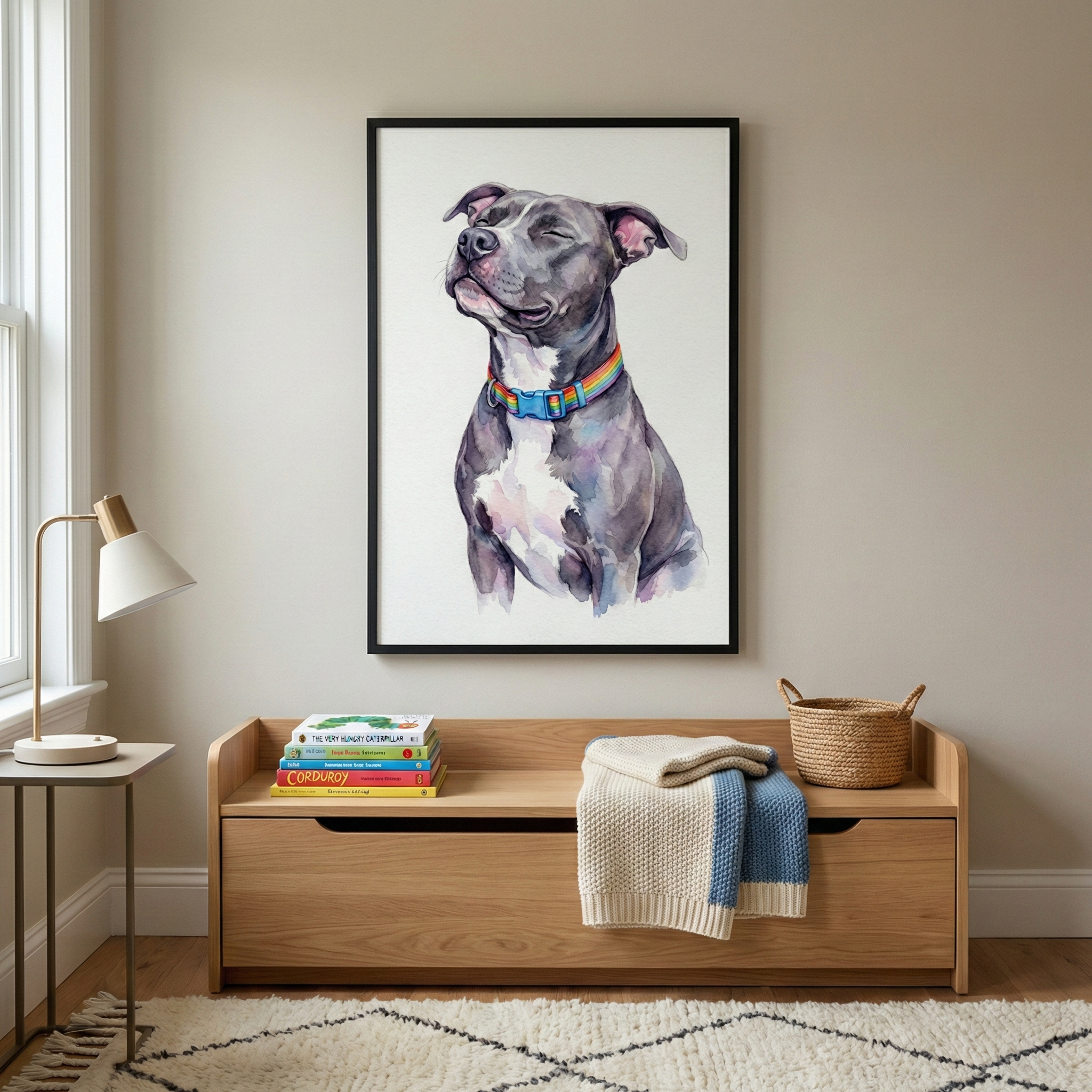 A vertical wall art piece hangs on a neutral wall, featuring a watercolor-style illustration of a gray dog with a white chest and a colorful rainbow collar. The dog has a peaceful expression with its eyes closed. Below the frame, a wooden storage bench holds a stack of bright children's books, a folded cream and blue knit blanket, and a small woven basket. To the left, a minimalist lamp sits on a side table. A textured cream rug with a black diamond pattern covers the floor.