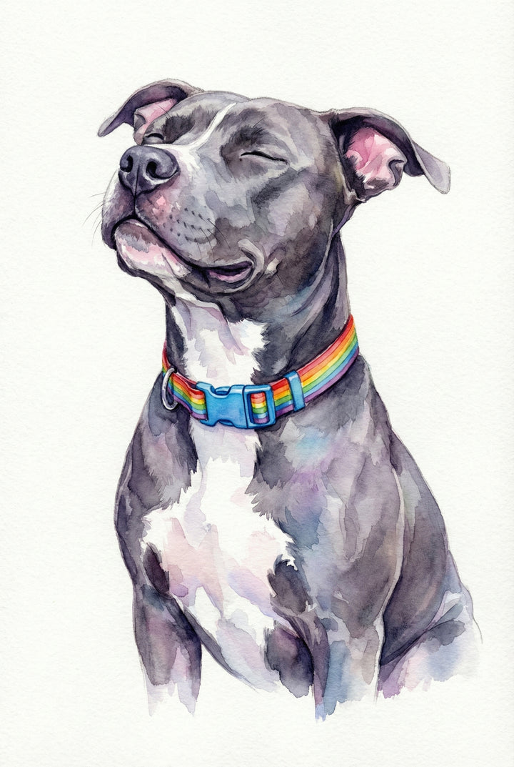 A watercolor illustration of a gray and white dog with short fur and a muscular build. The dog has its eyes closed and a peaceful, contented smile on its face, angled slightly upward. Around its neck is a vibrant rainbow-striped collar with a bright blue buckle. The artistic style features soft, layered washes of color, with shades of charcoal, lavender, and pink creating shadows and highlights on the fur. The entire piece is set against a clean white background.