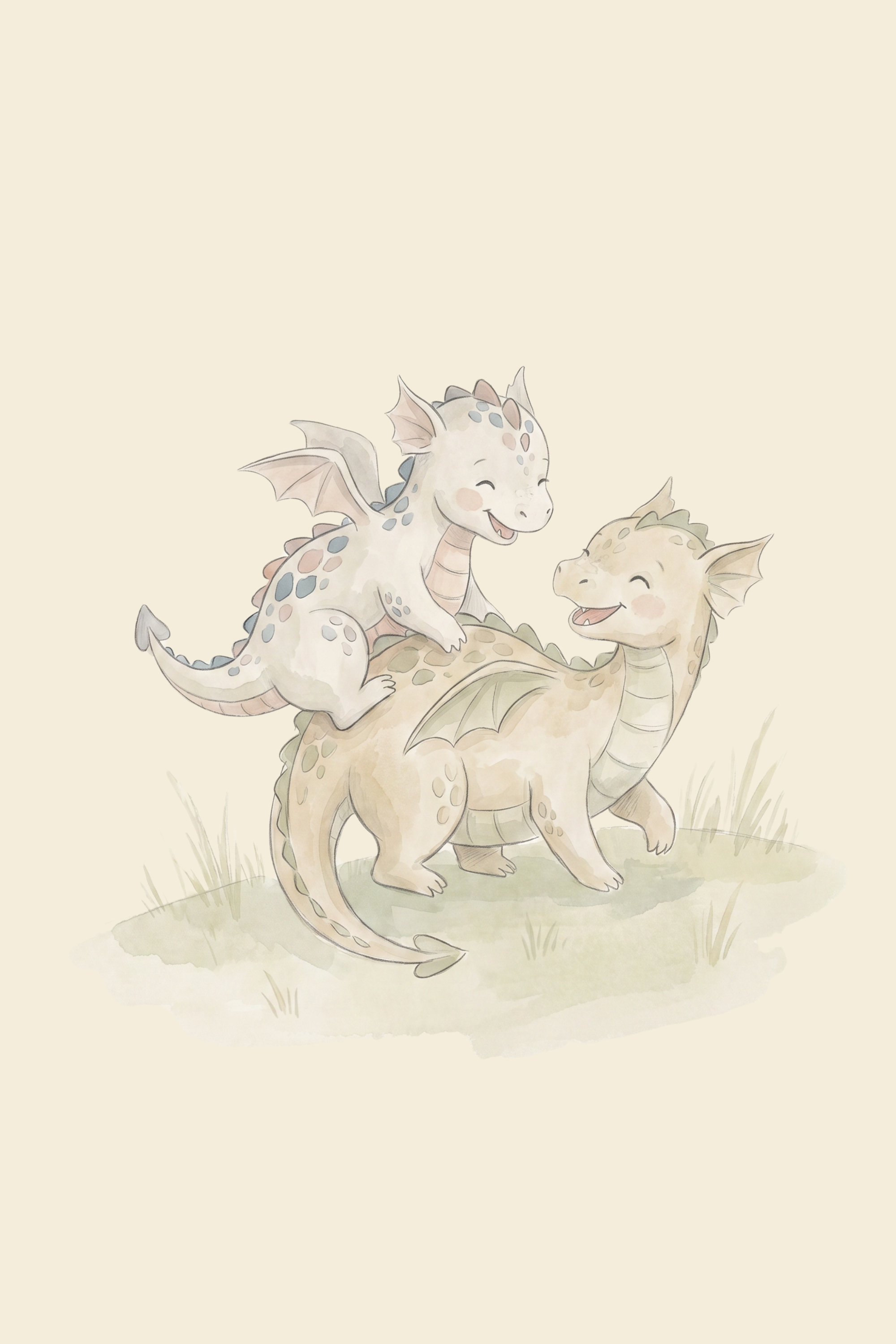 Watercolor Playing Baby Dragons Wall Art - Playful Dragon Friends