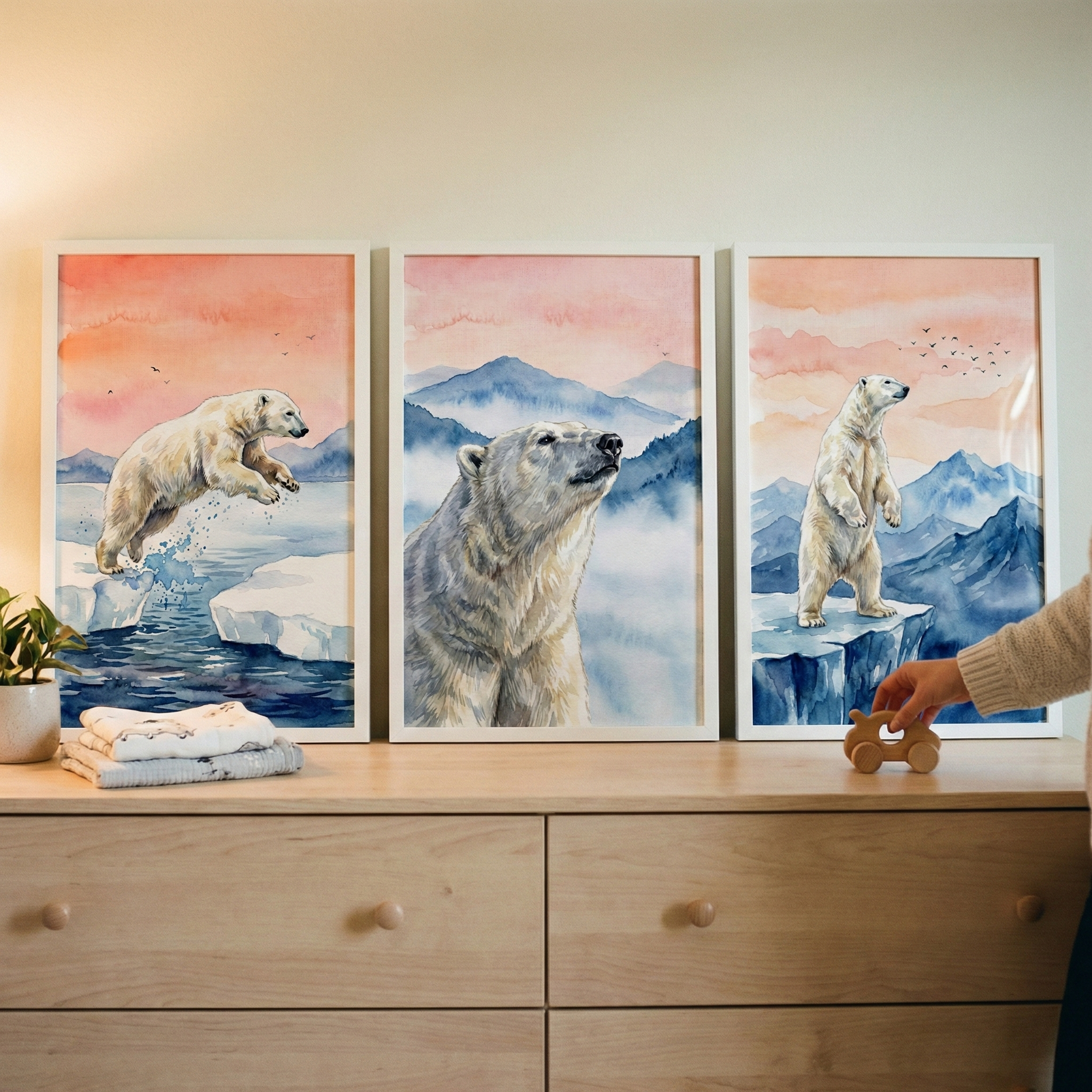Watercolor Polar Bear Art Set of 3 - Arctic Bear Horizons