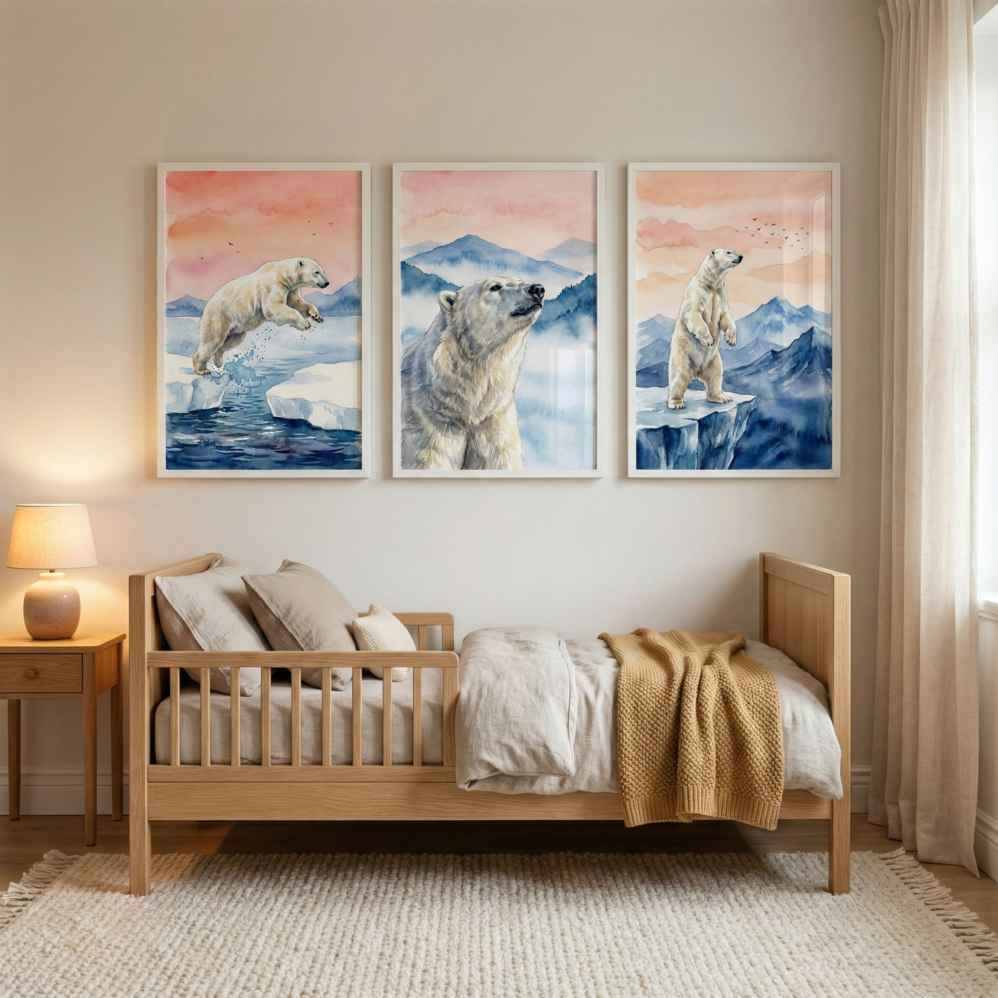 Watercolor Polar Bear Art Set of 3 - Arctic Bear Horizons
