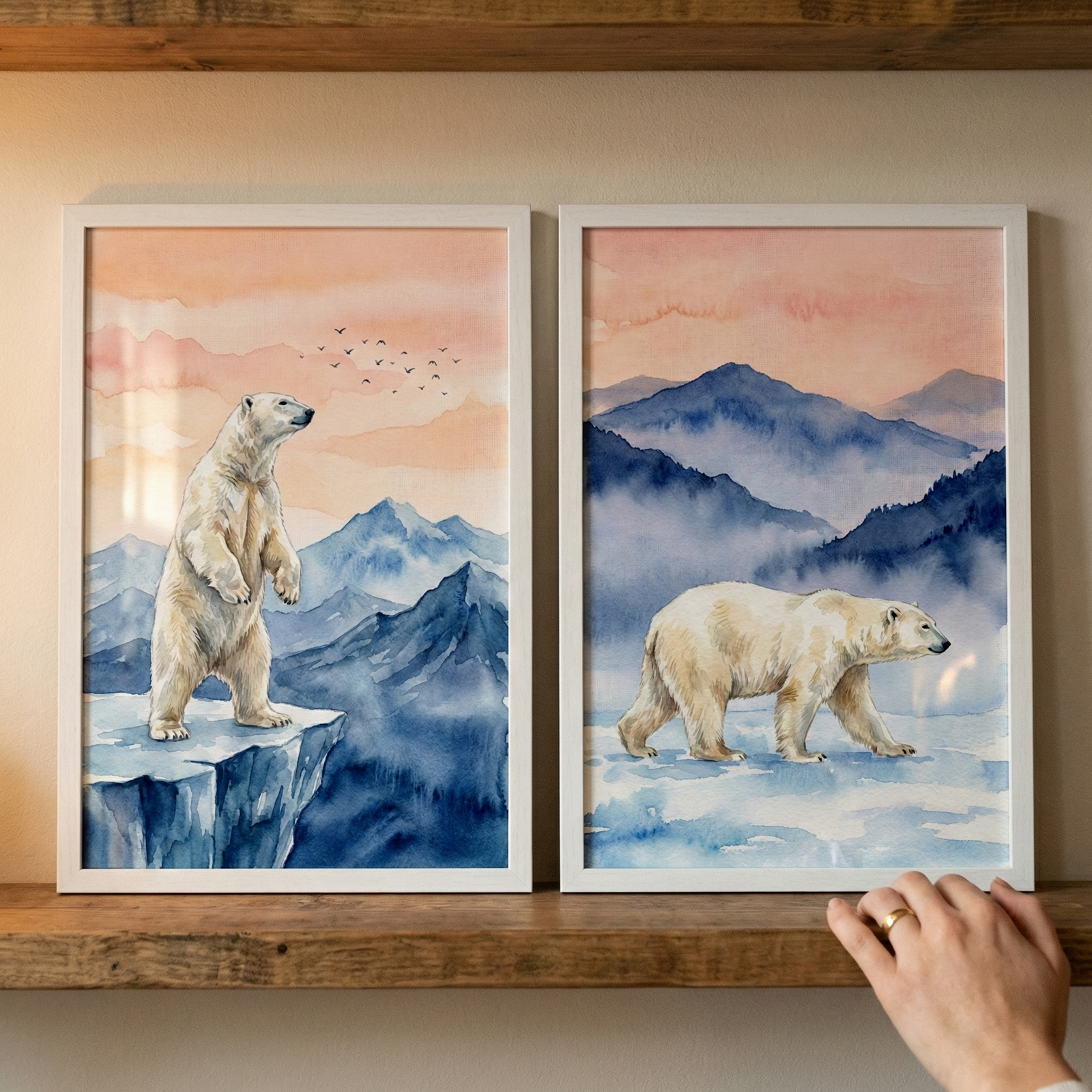 Two vertical, white-framed watercolor-style illustrations rest on a rustic wooden shelf. The illustration on the left features a polar bear standing upright on a blue icy cliff, looking out over misty blue mountains towards a soft peach-colored sky filled with small birds. The illustration on the right shows a polar bear walking across a snowy foreground against a backdrop of layered blue mountains and a matching peach sky. A hand with a gold ring touches the base of the right frame.