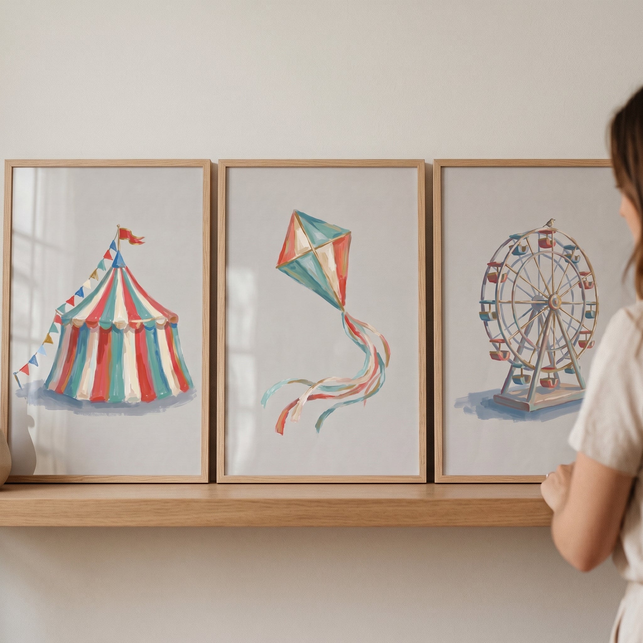 Watercolor Primary Color Carnival Wall Art Set of 3 - Vintage Carnival Trio