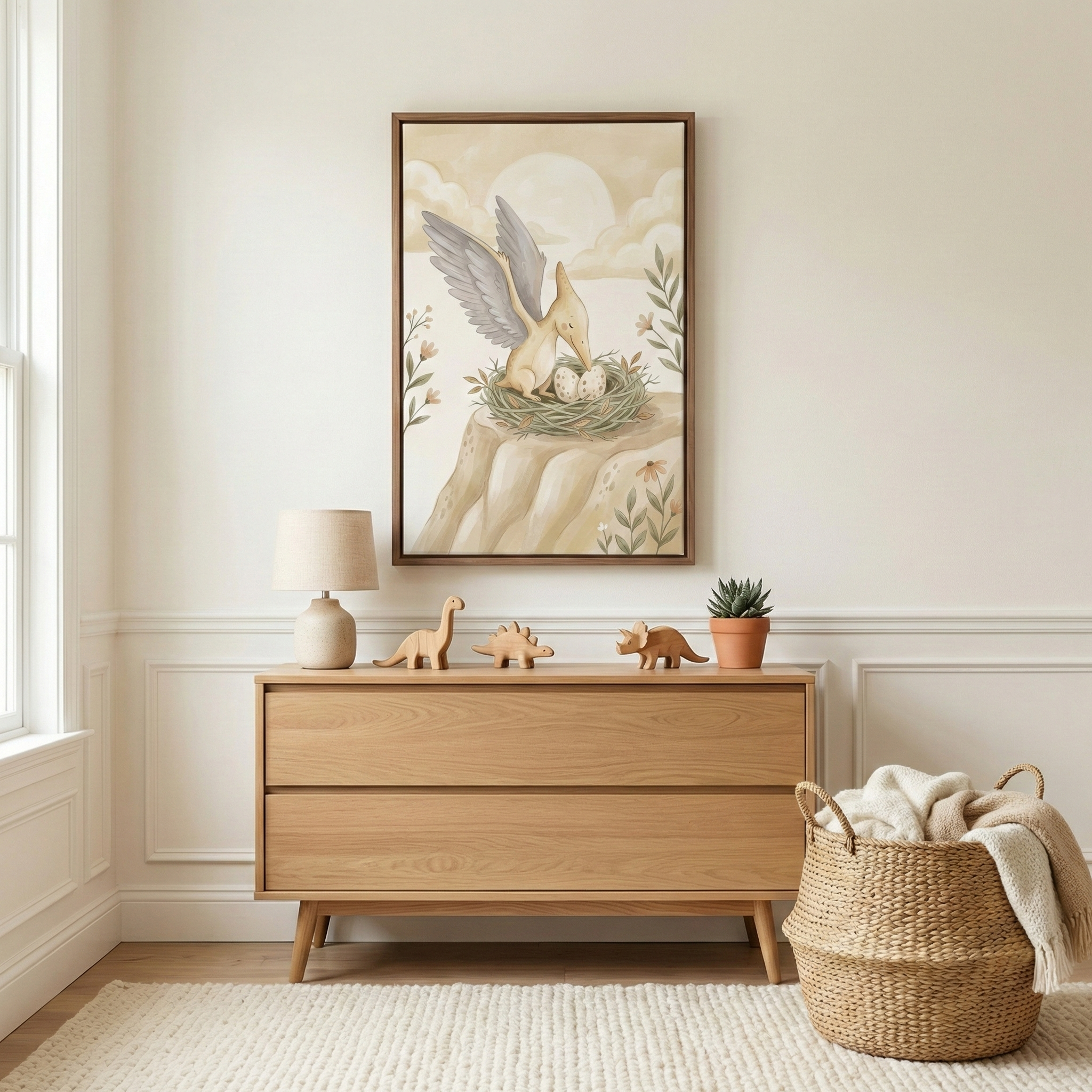 A cozy, neutral-toned room featuring a light wood dresser against a white wall with decorative lower paneling. On top of the dresser are three small wooden dinosaur figurines, a simple beige lamp, and a small succulent in a terracotta pot. Centered above the dresser is a large framed vertical artwork depicting a winged prehistoric creature tending to two eggs in a nest on a rocky cliffside, rendered in soft watercolor-style earth tones. 