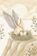A yellow pterosaur with folded wings tends to two speckled eggs in a nest atop a cliff. The peaceful scene is set against a soft sky with gentle clouds and floral accents.

