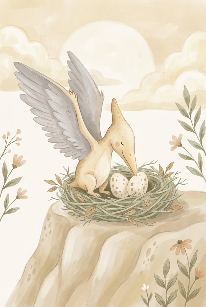 A yellow pterosaur with folded wings tends to two speckled eggs in a nest atop a cliff. The peaceful scene is set against a soft sky with gentle clouds and floral accents.


