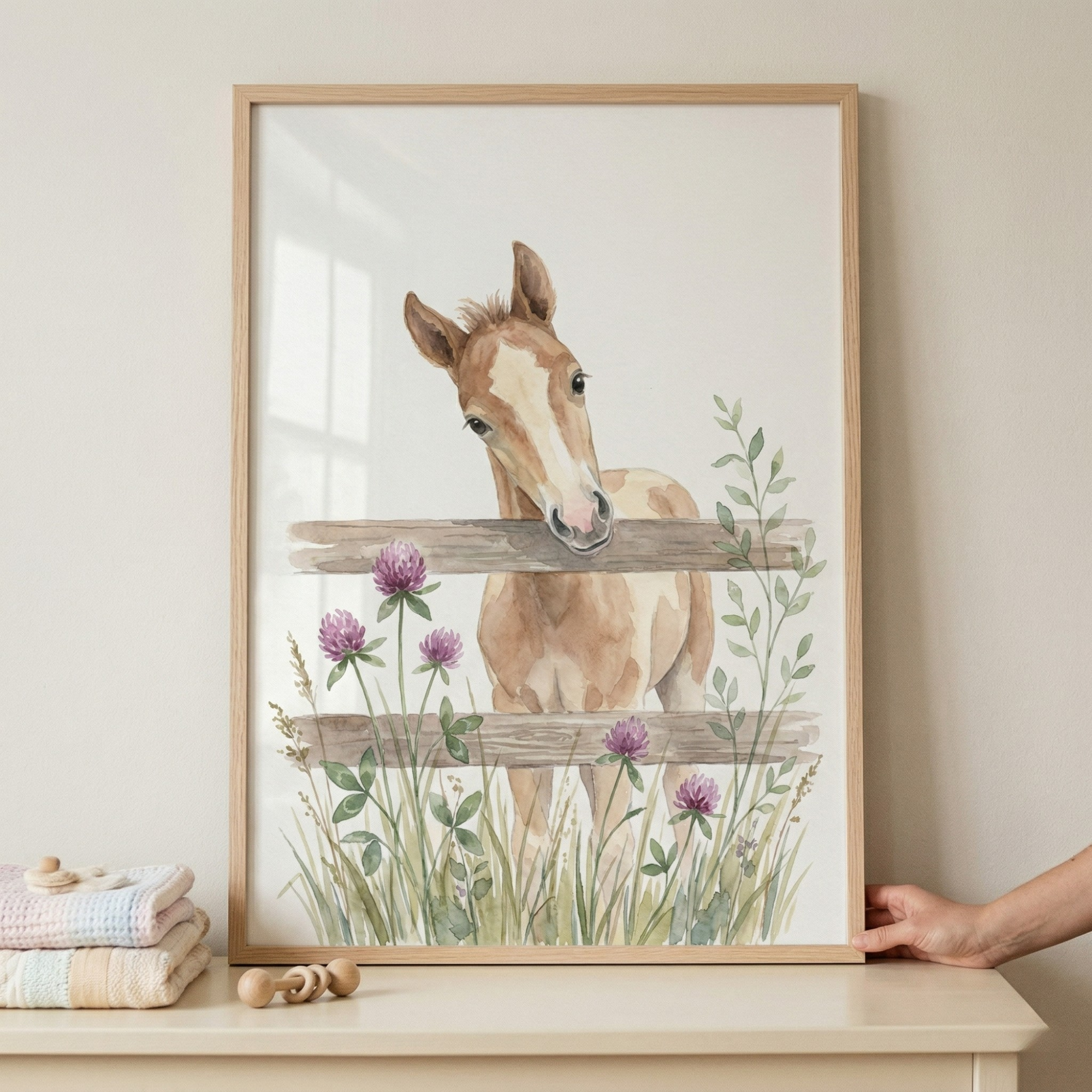Watercolor Purple Clover Foal Wall Art - Curious Meadow Foal