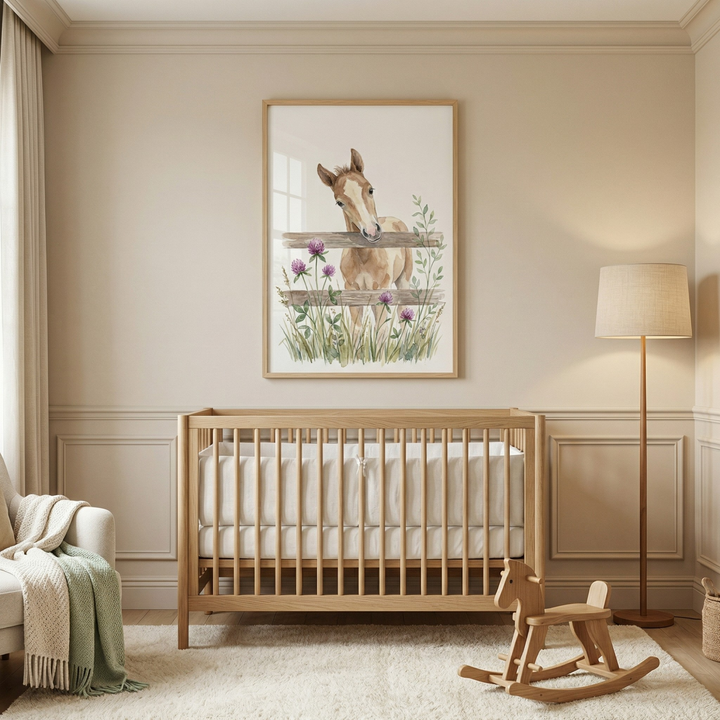 A serene baby nursery featuring a light-colored wooden crib with white bedding. Above the crib, a large framed artwork depicts a tan horse peeking over a wooden fence amidst green grass and purple flowers. The room has warm beige walls with classic molding. To the right is a tall floor lamp with a wooden base, and on the white rug below is a wooden rocking horse. 