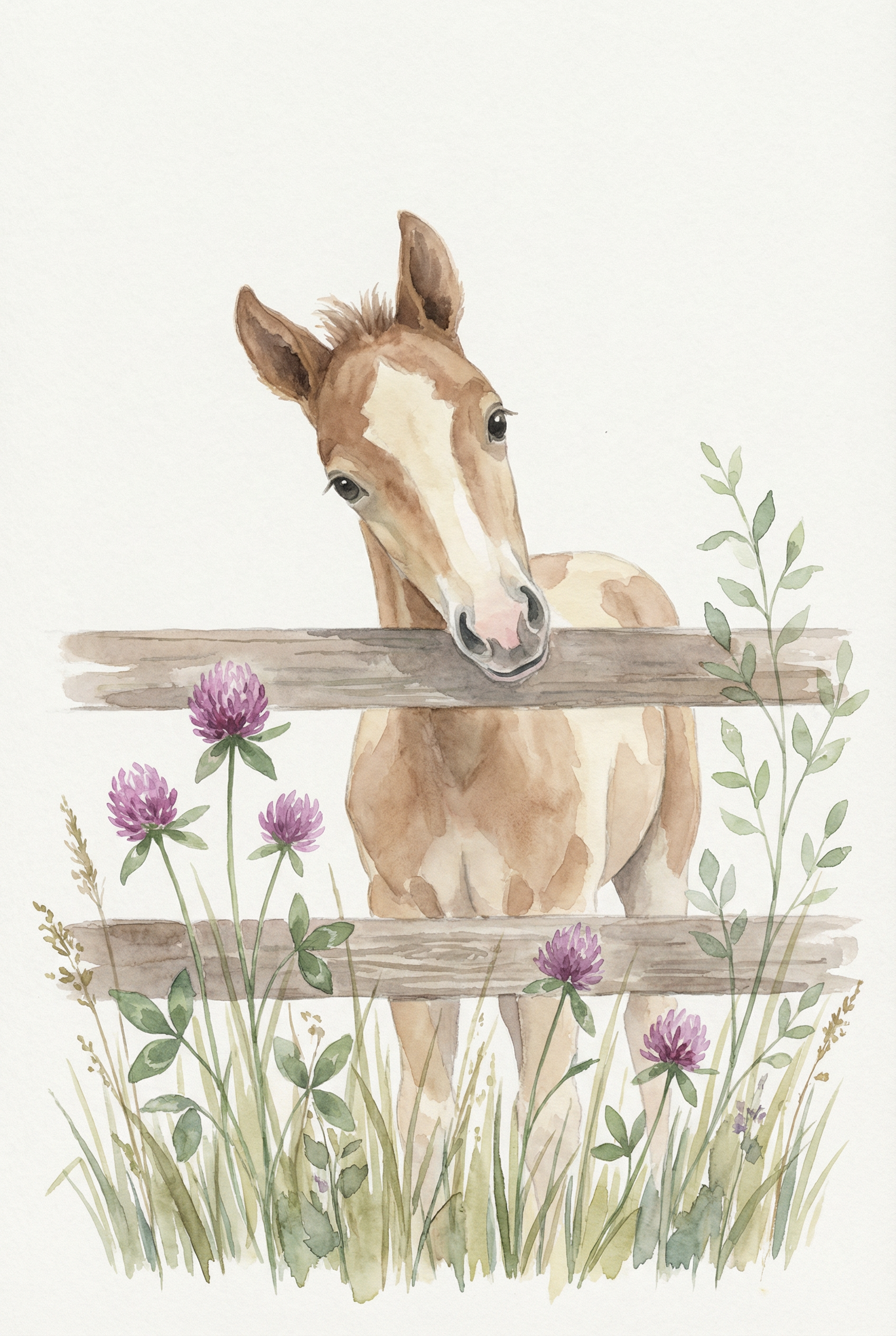 Watercolor Purple Clover Foal Wall Art - Curious Meadow Foal