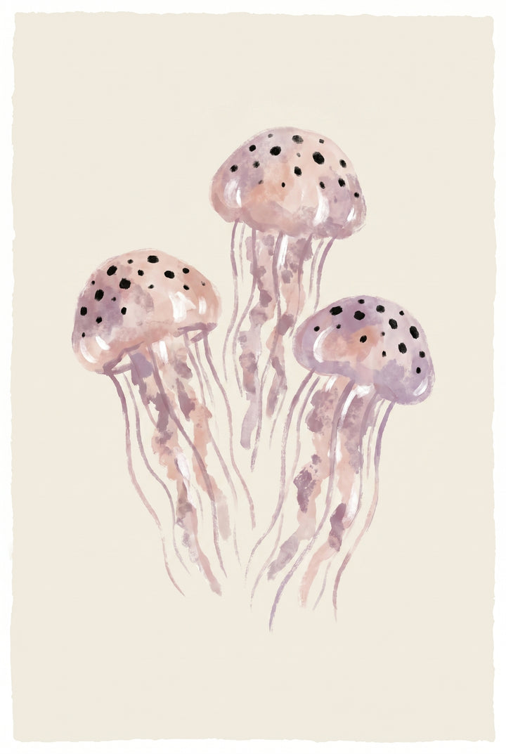 Watercolor purple jellyfish wall art featuring three spotted jellyfish with long flowing tentacles on a cream background.