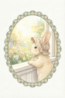 Illustration of a cream colored bunny wearing a floral bonnet while leaning on a white windowsill. Outside the window a soft pastel garden blooms with colorful flowers in warm sunlight. The peaceful scene captures a quiet moment of reflection.

