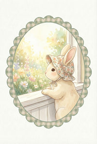 Illustration of a cream colored bunny wearing a floral bonnet while leaning on a white windowsill. Outside the window a soft pastel garden blooms with colorful flowers in warm sunlight. The peaceful scene captures a quiet moment of reflection.

