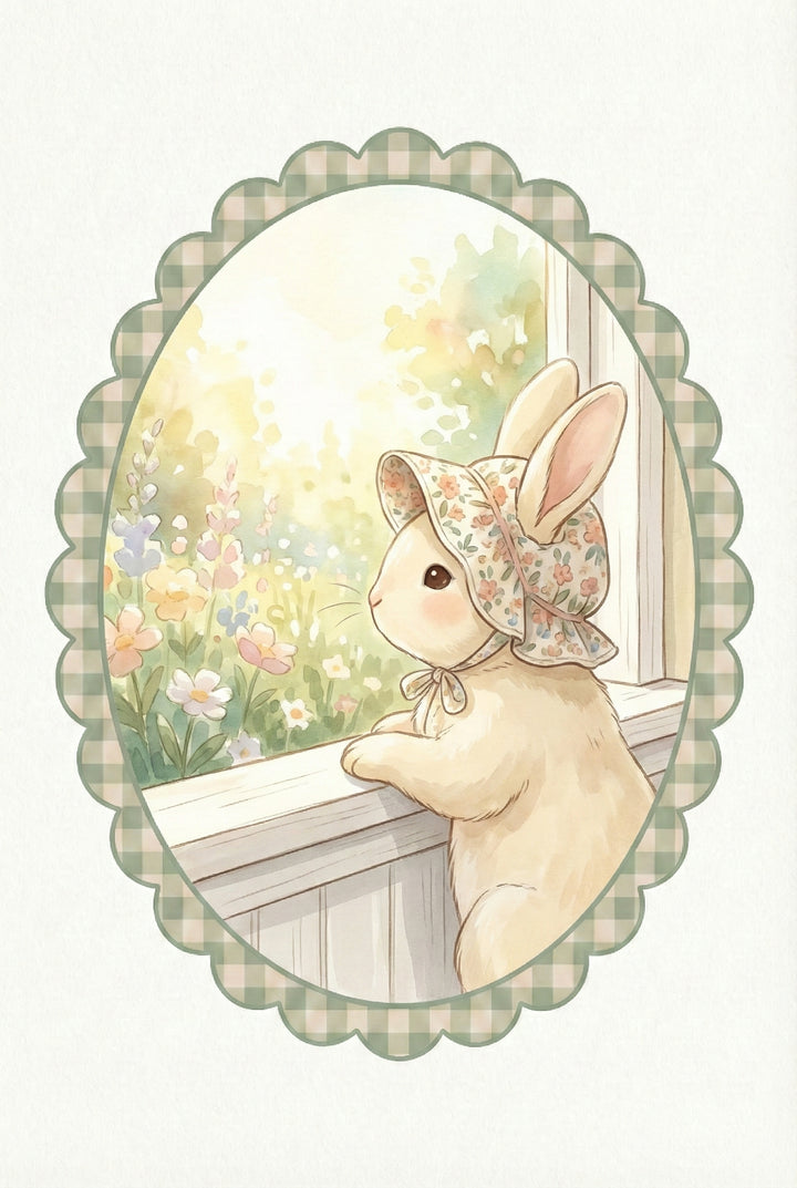Illustration of a cream colored bunny wearing a floral bonnet while leaning on a white windowsill. Outside the window a soft pastel garden blooms with colorful flowers in warm sunlight. The peaceful scene captures a quiet moment of reflection.

