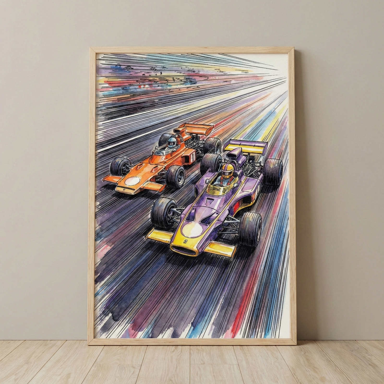 A framed vertical illustration depicts two vintage open-wheel racing cars side-by-side at high speed. One car is a vibrant purple with yellow accents, while the other is bright orange. Both feature drivers in helmets. The composition is filled with dynamic, multi-colored streaks that create a powerful sense of motion. The artwork is characterized by bold ink outlines and expressive washes of color. It is shown in a light wood frame, leaning against a neutral wall on a wooden floor.
