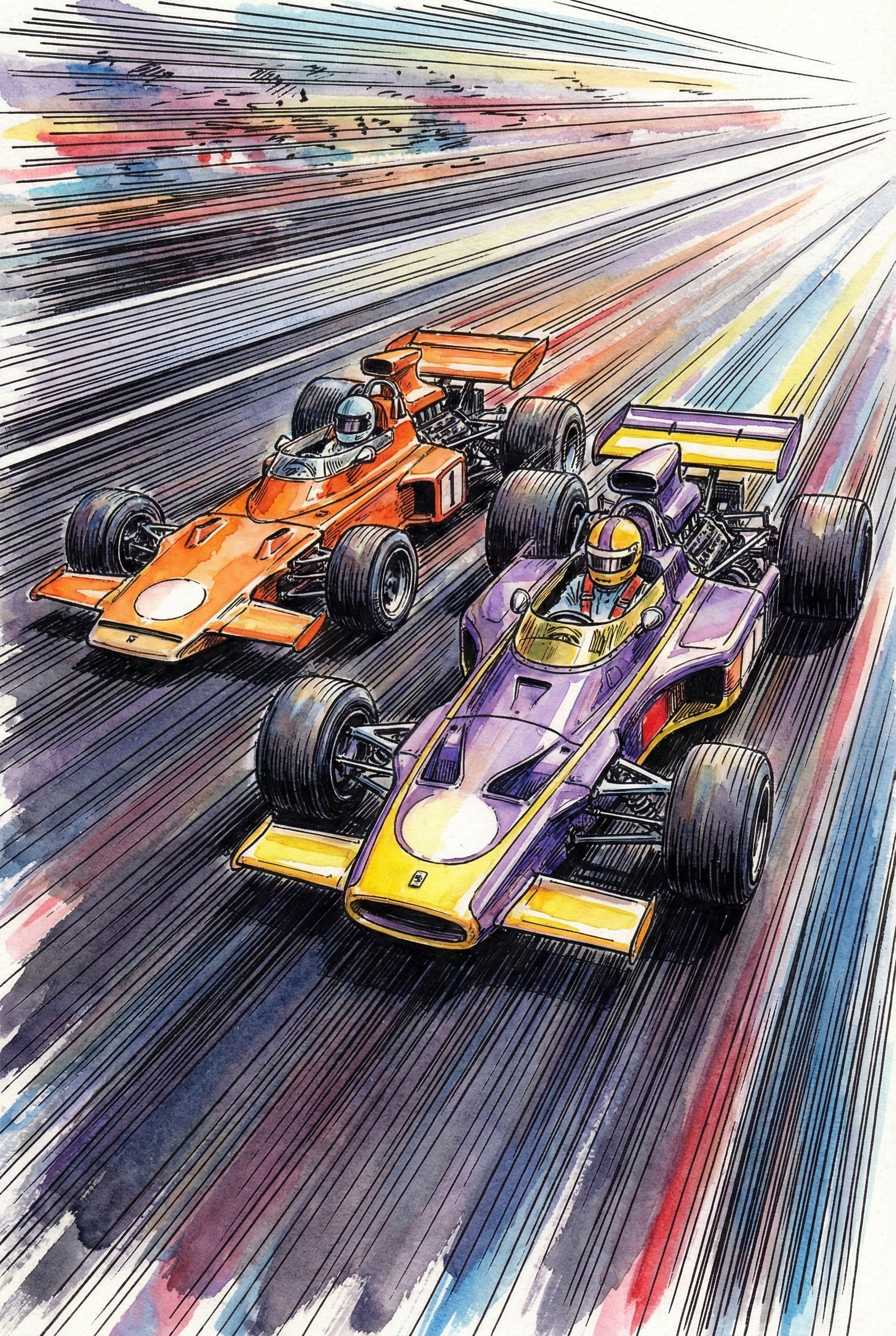 A dynamic watercolor and ink illustration captures two vintage open-wheel race cars side-by-side. The lead car is vibrant purple with a yellow nose, while the one beside it is bright orange. Both vehicles have exposed rear engines and wide, black tires. Radiating black lines stretch across the frame, creating an intense sense of speed and motion. The drivers, clad in racing gear, are visible in their cockpits. The overall style is expressive, with splashes of color across the track.