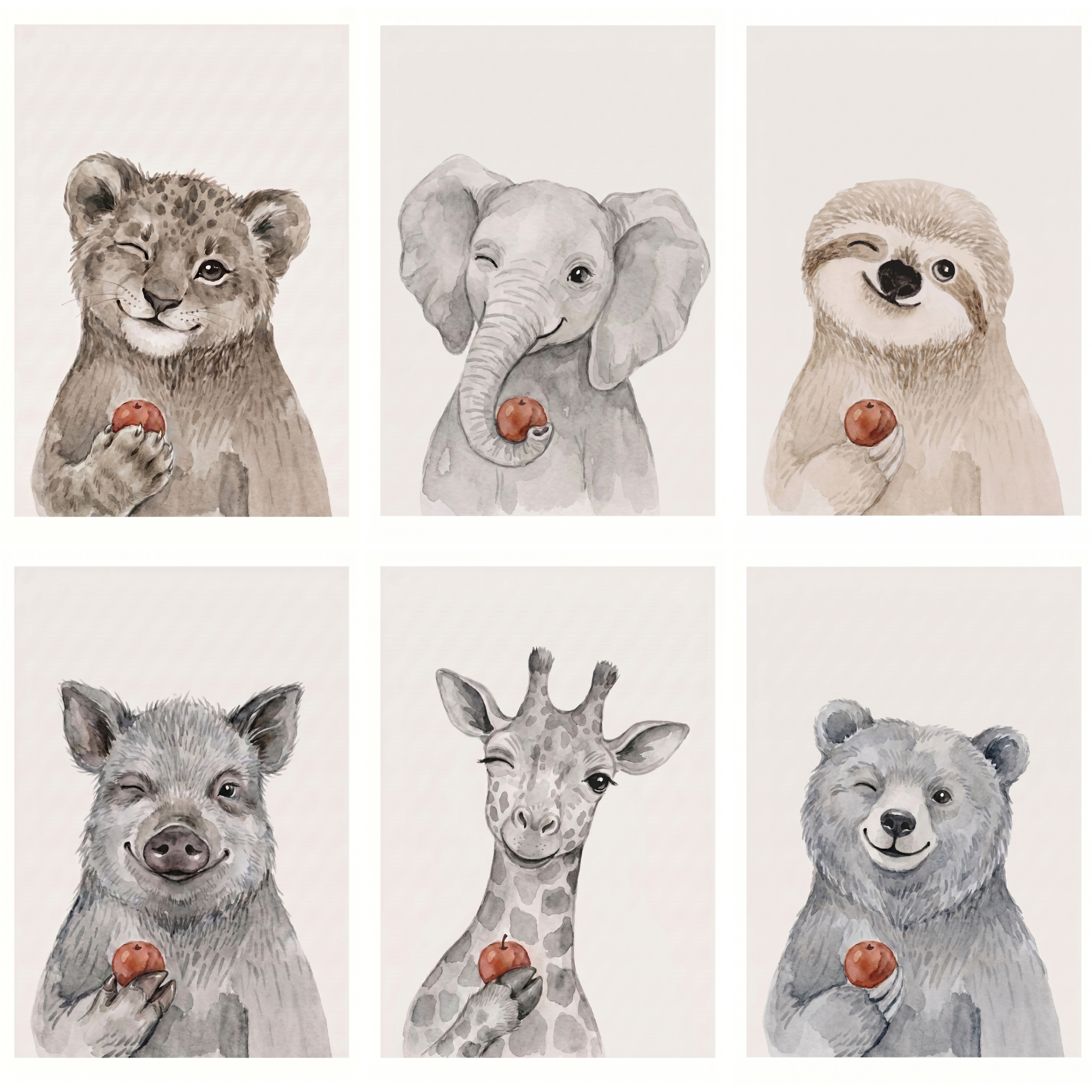 Watercolor Red Apple Animals Wall Art Set of 6 - Winking Animal Friends