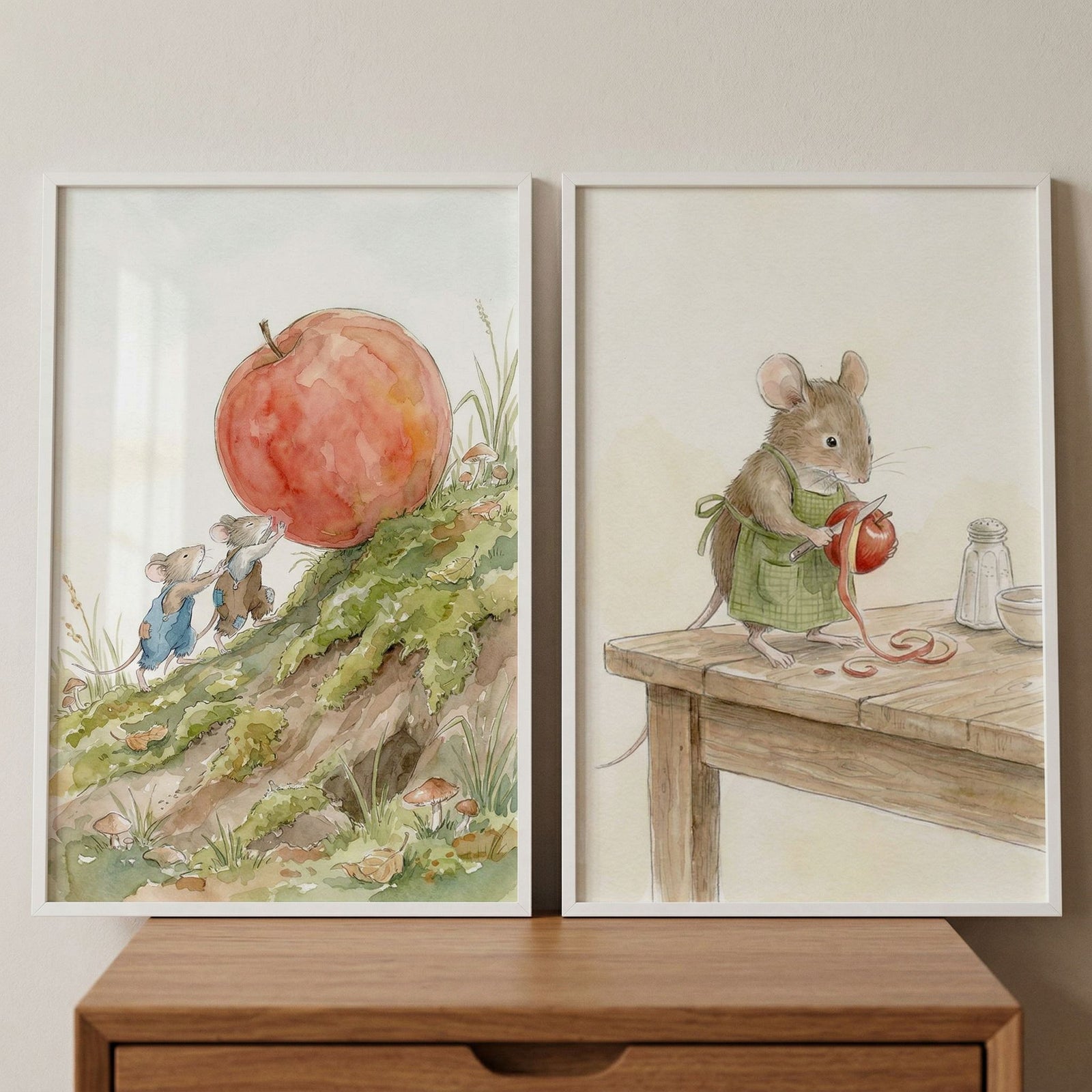 Watercolor red apple mouse wall art set of 2. Mice push an apple up a hill, and a mouse in an apron peels a red apple.